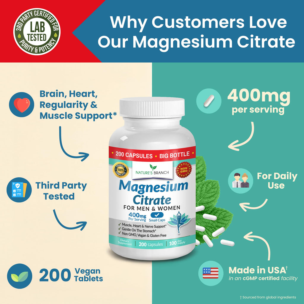 Magnesium Citrate 400mg | 200 Capsules, High Absorption for Sleep, Relax, Leg Cramps, Energy, Extra Strength Easy to Swallow Small Pills for Women & Men, Vegan Supplement for Digestion, Not Tablets NATURE'S BRANCH Au supplements