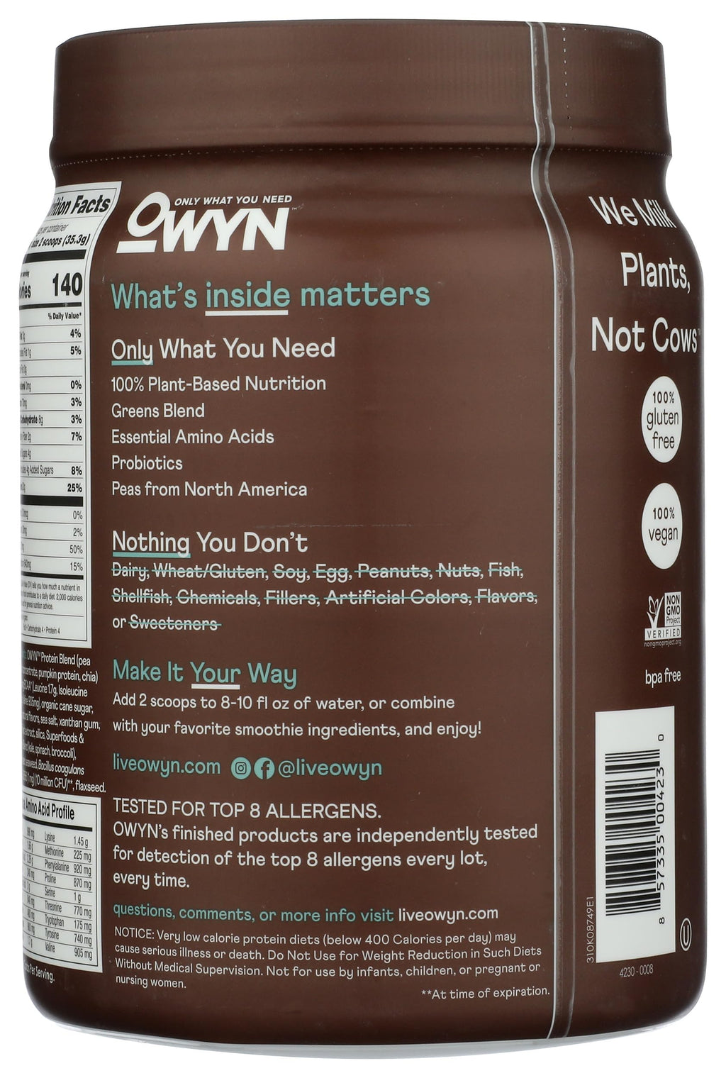 OWYN Only What You Need Plant-Based Protein Powder, Dark Chocolate, 1.17 lbs