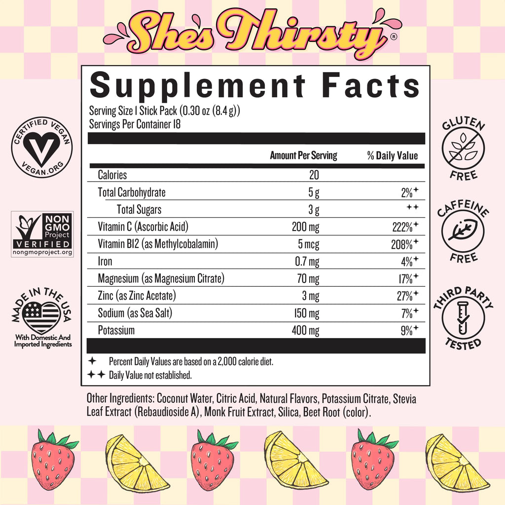 Legendairy Milk She’s Thirsty – Strawberry Lemonade, No Sugar Added Electrolytes Powder Packets–Coconut Water Mix for Women, Instant Hydration Packets,