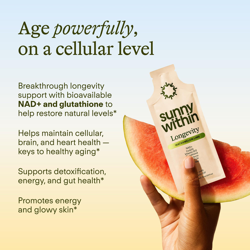 Sunny Within Longevity – Liposomal NAD+ Glutathione Supplement w/Liquid NAD+, CoQ10, B12, MCT & Avocado Oil – Cellular Health, Energy, Brain, Gut & Heart Support* – Watermelon Lime – 30 Pouches Sunny Within Au supplements