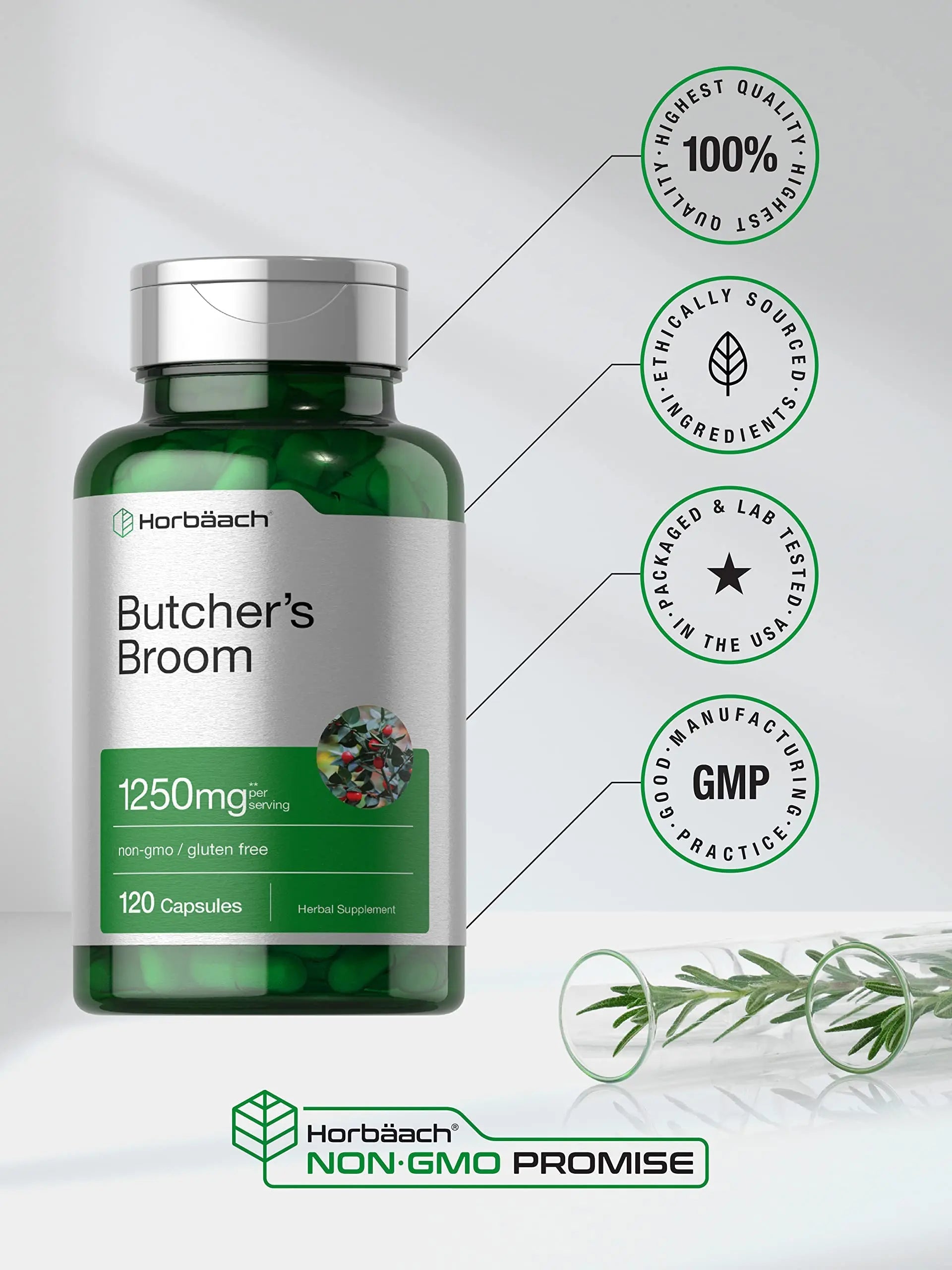 Butchers Broom Capsules 1250mg | 120 Count | Non-GMO, Gluten Free | Traditional Herb Horbäach Au supplements