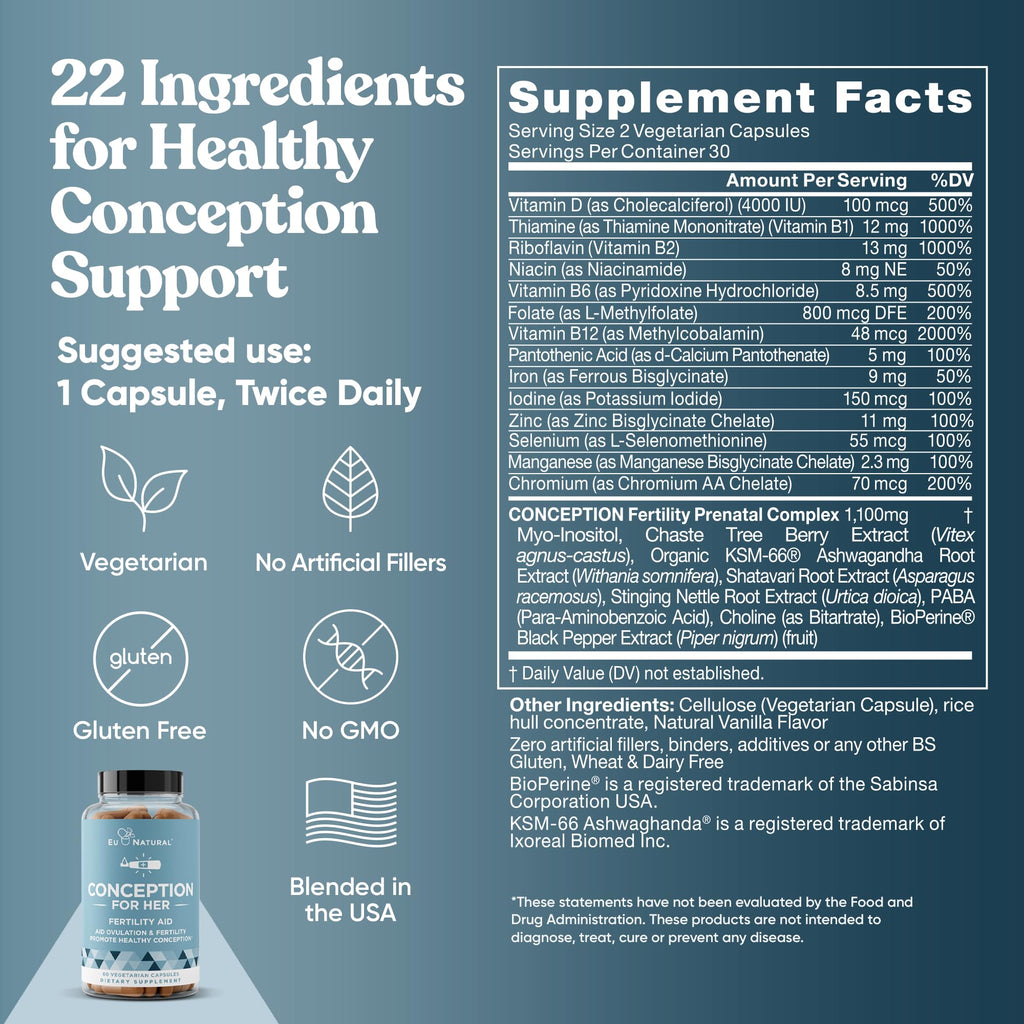 Eu Natural Conception for Her Fertility Supplements for Women - Ovulation, Hormonal Balance & Regular Cycle Support - Myo-Inositol, Folate, Folic Acid & Vitex - 60 Vegetarian Capsules Eu Natural Au supplements