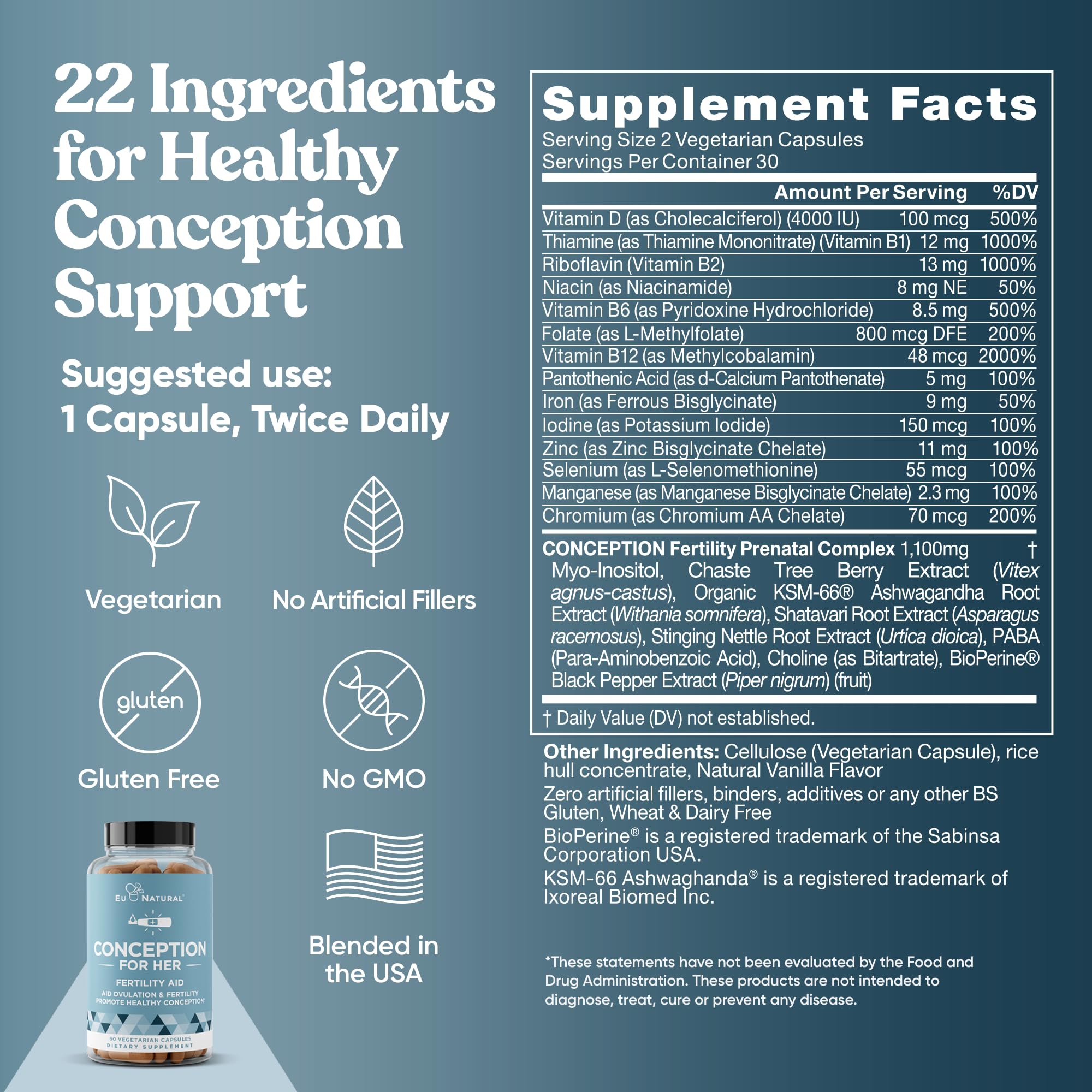 Eu Natural Conception for Her Fertility Supplements for Women - Ovulation, Hormonal Balance & Regular Cycle Support - Myo-Inositol, Folate, Folic Acid & Vitex - 60 Vegetarian Capsules Eu Natural Au supplements