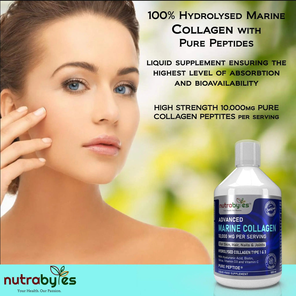 Marine Collagen Liquid 10000mg Sugar Free, Hydrolysed Peptides | Hyaluronic Acid, Biotin, Silica, Vitamin C, Vitamin D3 NUTRABYTES Au supplements