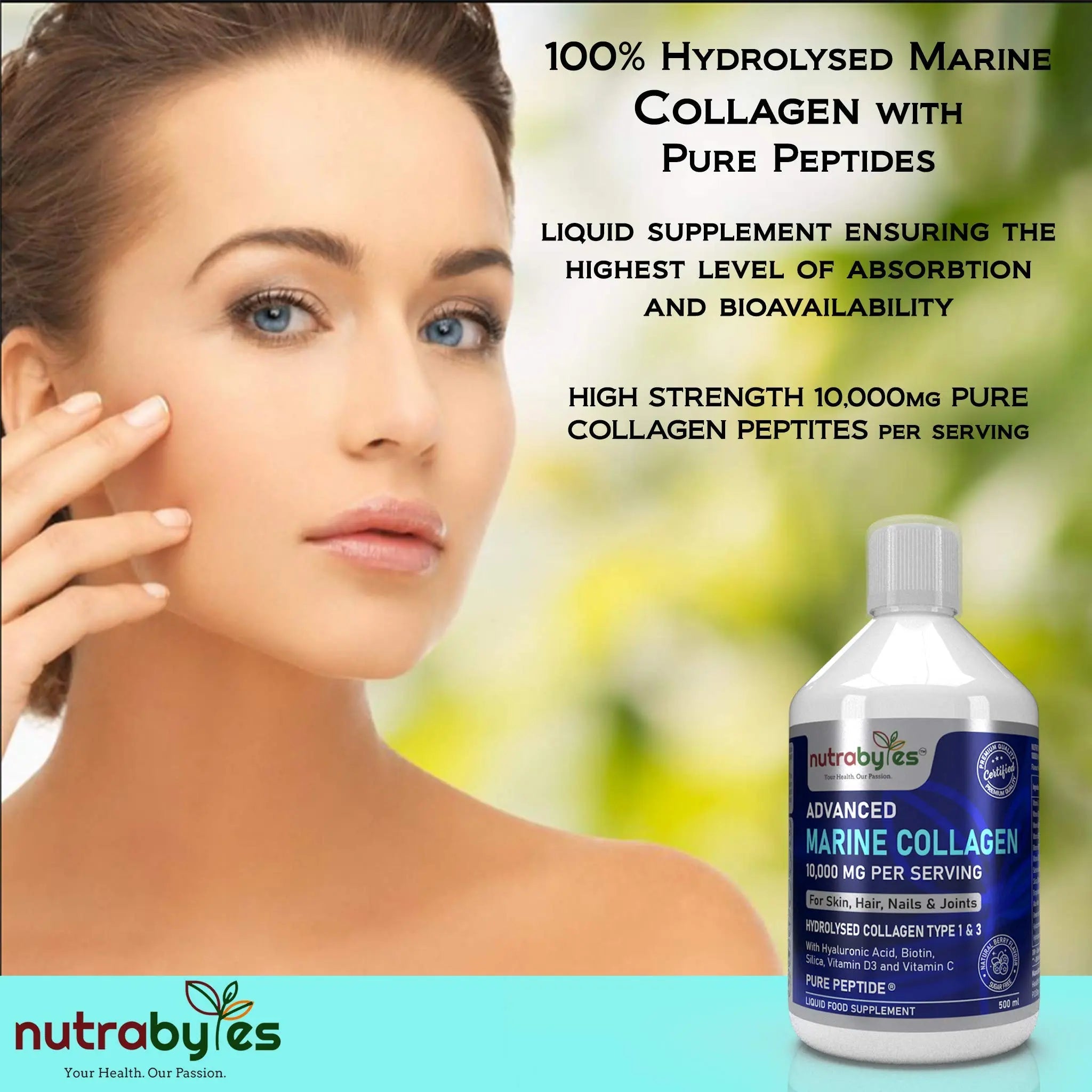Marine Collagen Liquid 10000mg Sugar Free, Hydrolysed Peptides | Hyaluronic Acid, Biotin, Silica, Vitamin C, Vitamin D3 NUTRABYTES Au supplements