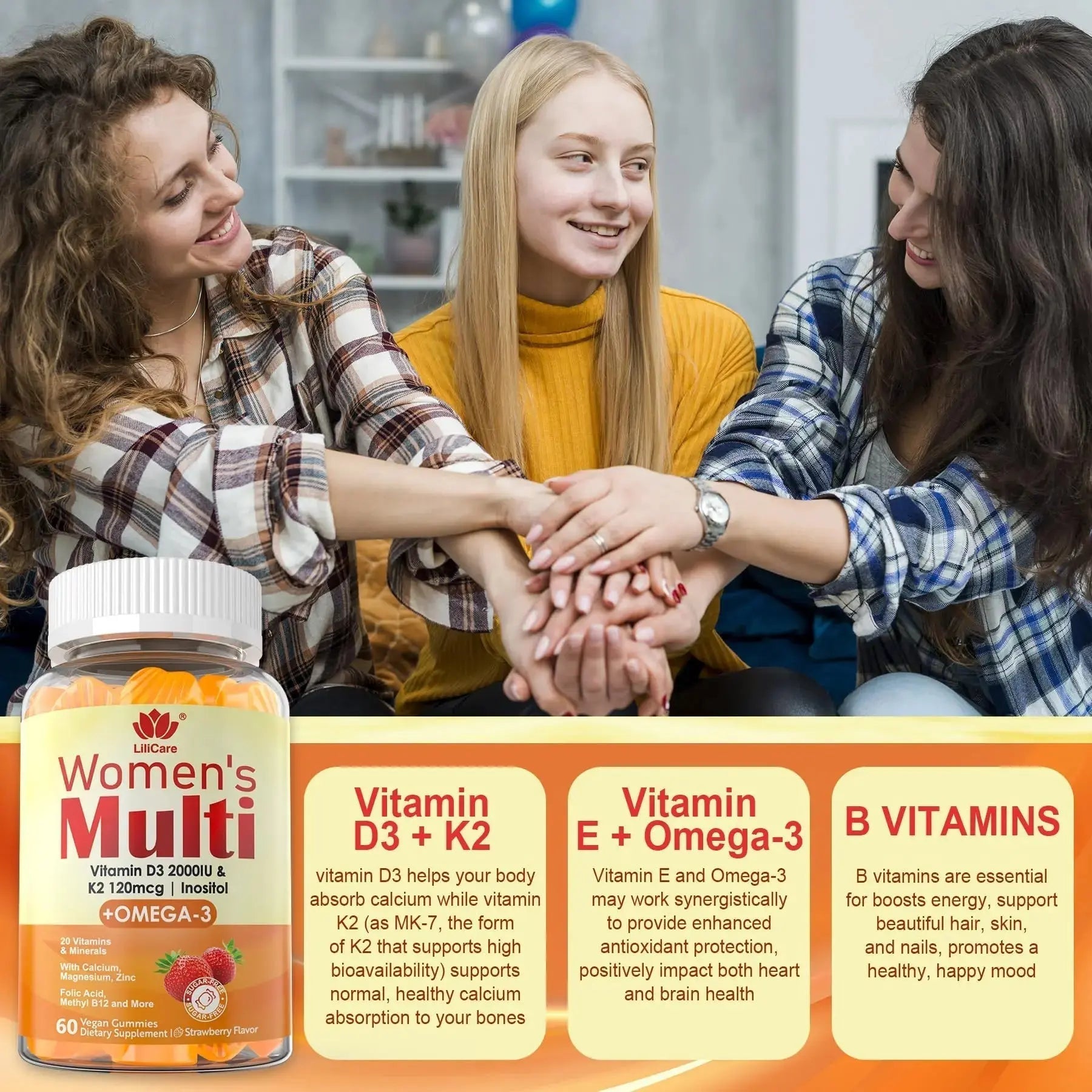 Womens Multivitamin Gummy with Omega 3（DHA/EPA), Vitamin D3 K2, Calcium, Inositol, Daily Womens Vitamin A C E B Complex LILICARE Au supplements