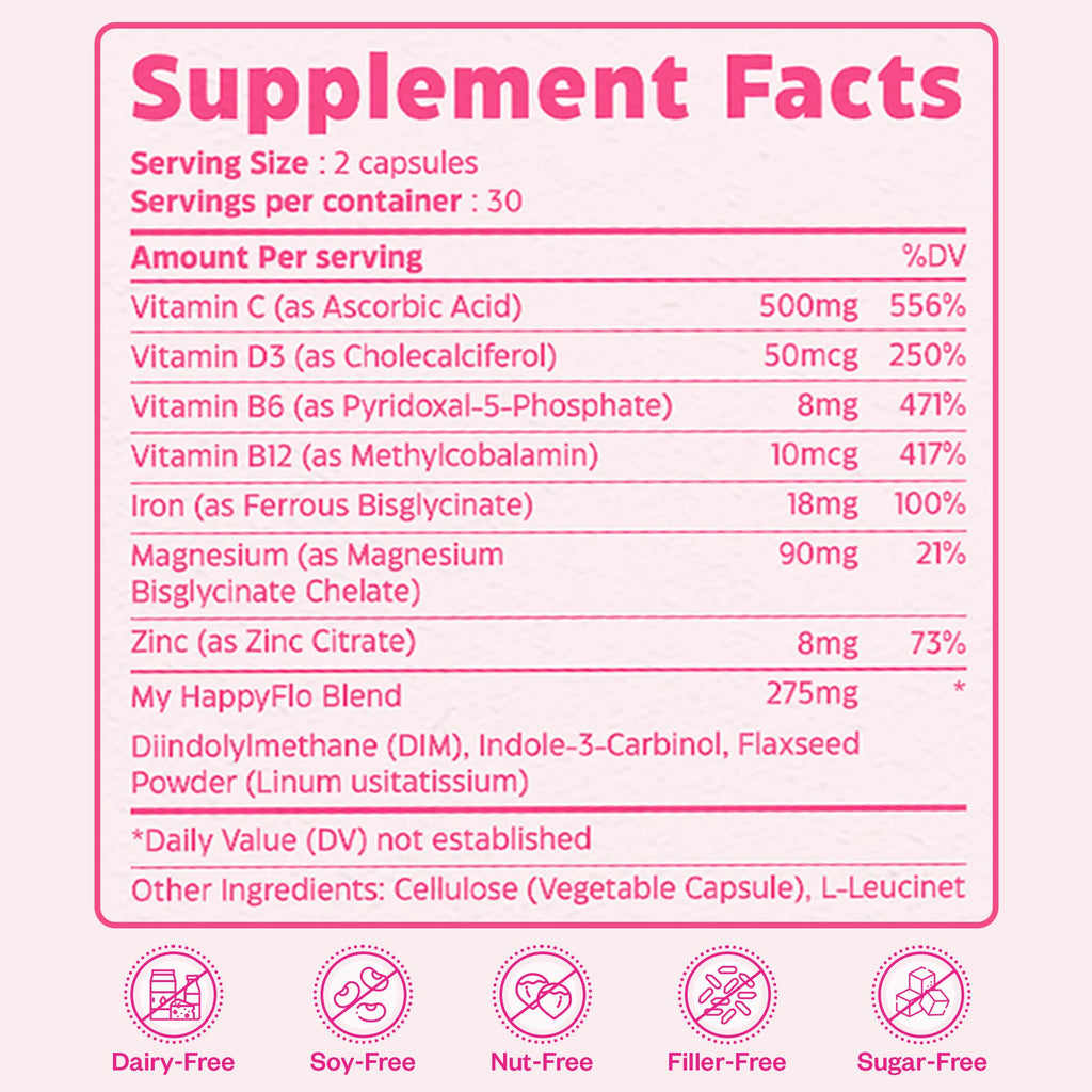 My Happy Flo PMS Support Supplement for Women with Iron, PMS Relief Hormone Support for Women, 10-in-1 PMDD Supplements for Women | DIM & I3C Indole-3-Carbinol for Cramp Relief, Heavy Flow - 60 Caps My Happy Flo Au supplements