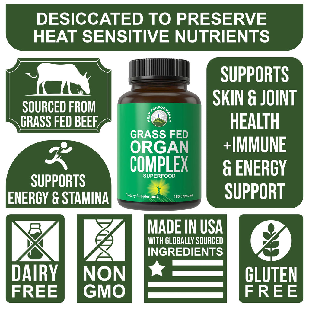 Peak Performance Grass Fed Beef Organ Complex from New Zealand (180 Capsules) Desiccated Organs Superfood Pills. GrassFed Beef Liver Capsules with Heart, Kidney, Pancreas, Spleen. Supplement Peak Performance Au supplements