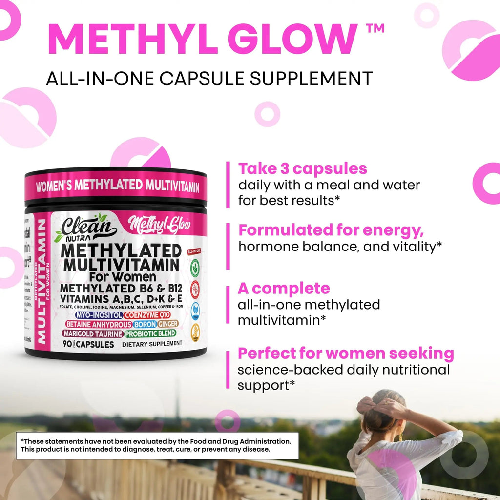 Methylated Multivitamin for Women Vitamins B6 Methyl B12 A B C D K E Folate Choline Omega 3 Thiamine Riboflavin Iron Clean Nutraceuticals Au supplements