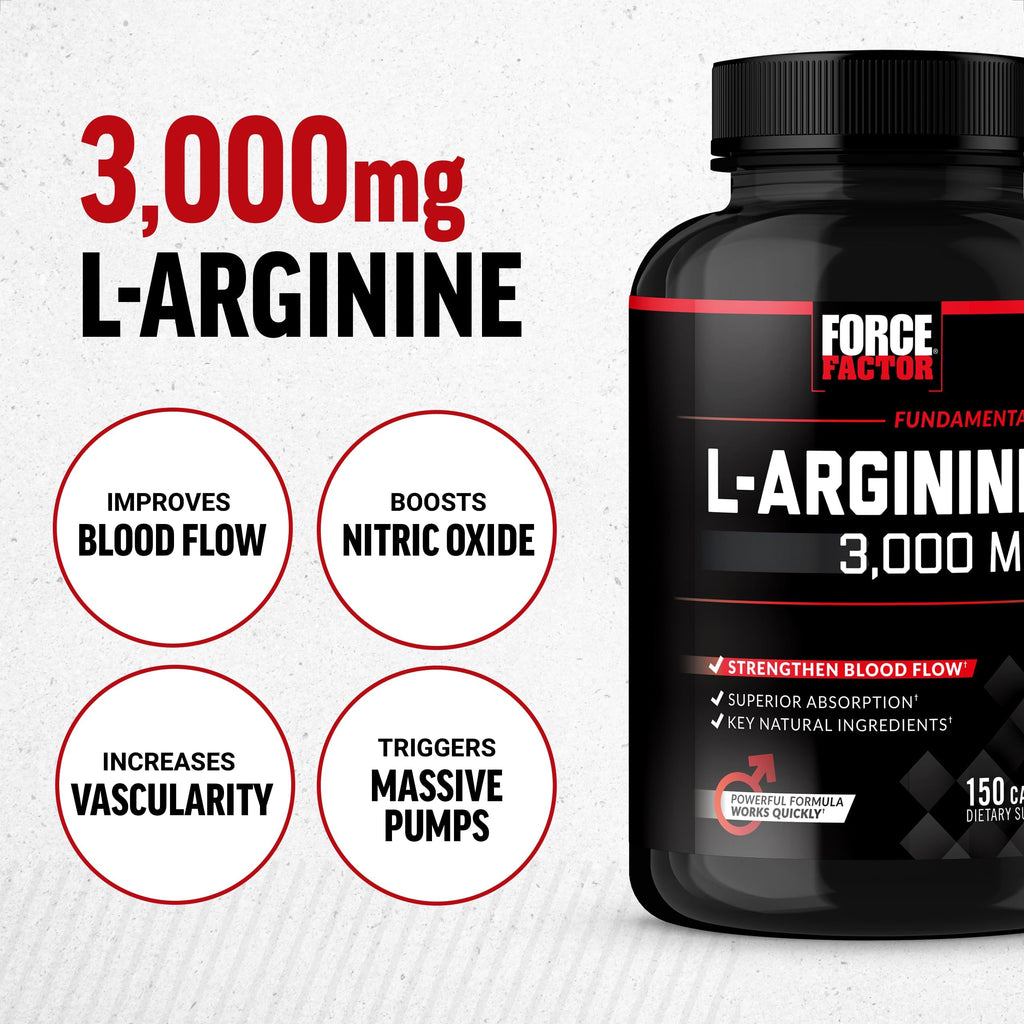 Force Factor L-Arginine Nitric Oxide Supplement with BioPerine to Help Build Muscle and Support Stronger Blood Flow, Circulation, Nutrient Delivery