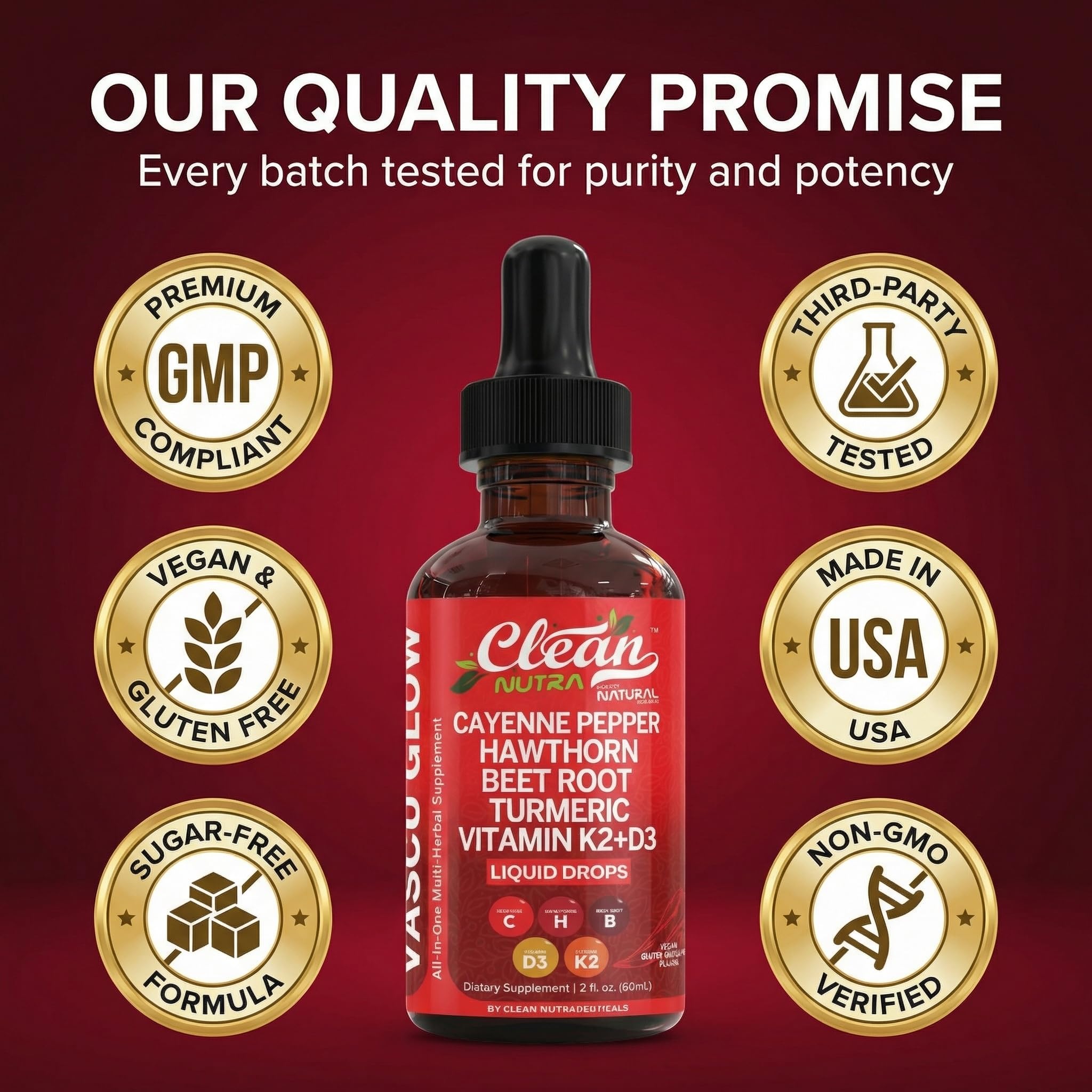 Clean Nutra Cayenne Pepper Drops Supplement Liquid + Hawthorn Berry, Vitamin D3 K2 Beet Root Powder, Ceylon Cinnamon, Turmeric Curcumin, Organic Panax Ginseng, Berberine Extract 1 Pack Clean Nutraceuticals Au supplements