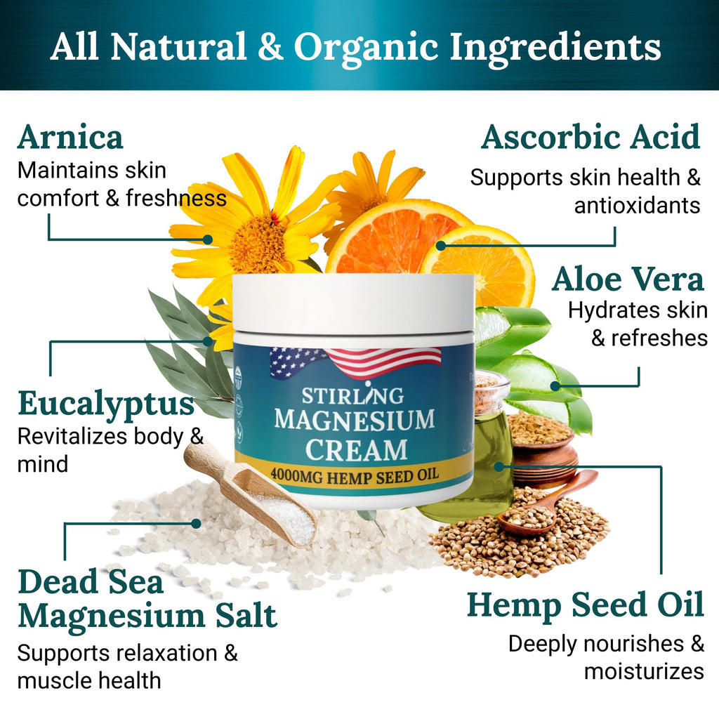 STIRLING Magnesium Cream - 4000mg Hemp Seed Oil + Magnesium & Arnica - Supports Joint Mobility, Muscle Comfort & Back Function - Made in USA with Premium Ingredients STIRLING Au supplements