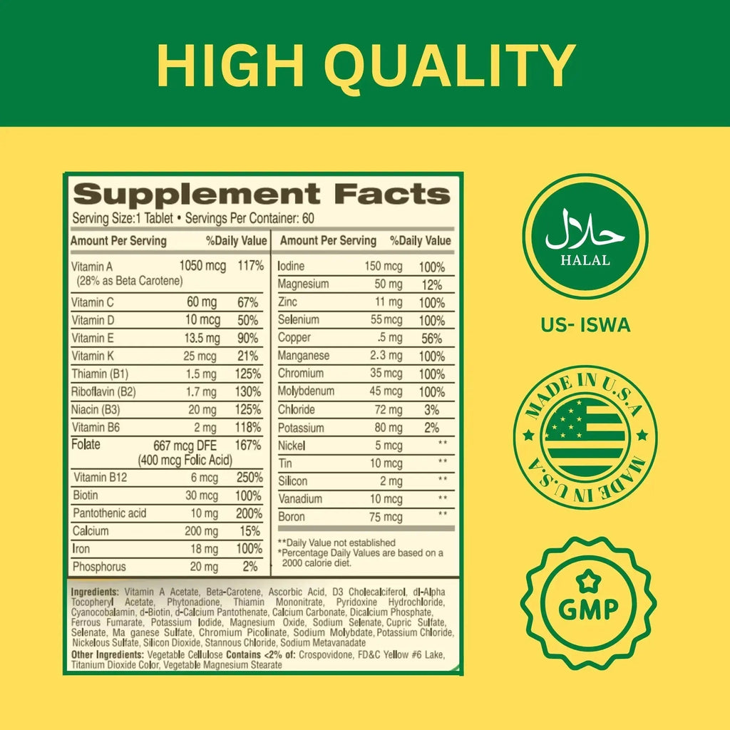 Greenfield Nutritions Halal Multivitamins for Women and Men - 60 Gelatin Free Multivitamin Tablets with 27+ Vitamin Minerals, A, B12, C, D3, Iron and Zinc GREEN FIELD NUTRITIONS Au supplements