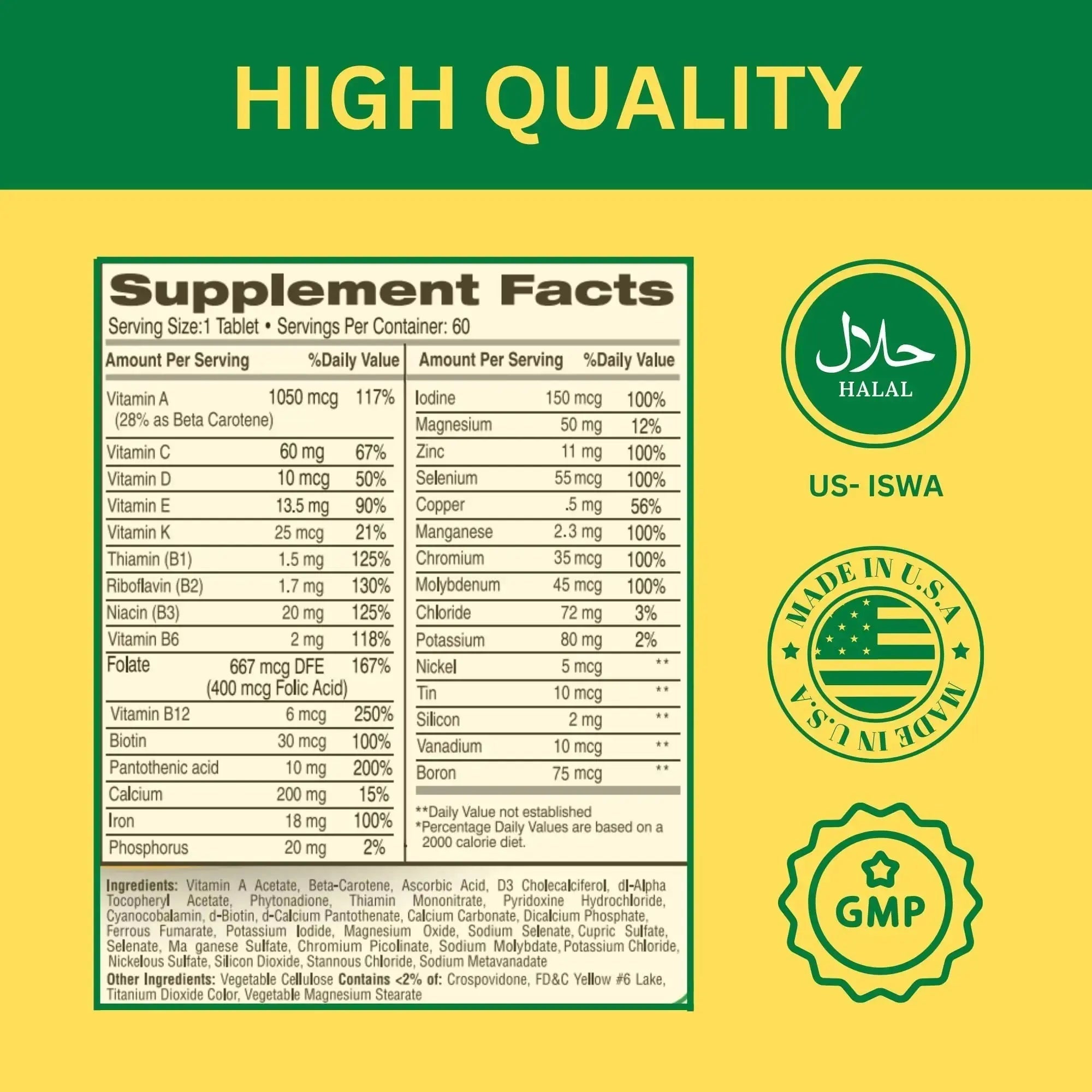 Greenfield Nutritions Halal Multivitamins for Women and Men - 60 Gelatin Free Multivitamin Tablets with 27+ Vitamin Minerals, A, B12, C, D3, Iron and Zinc GREEN FIELD NUTRITIONS Au supplements