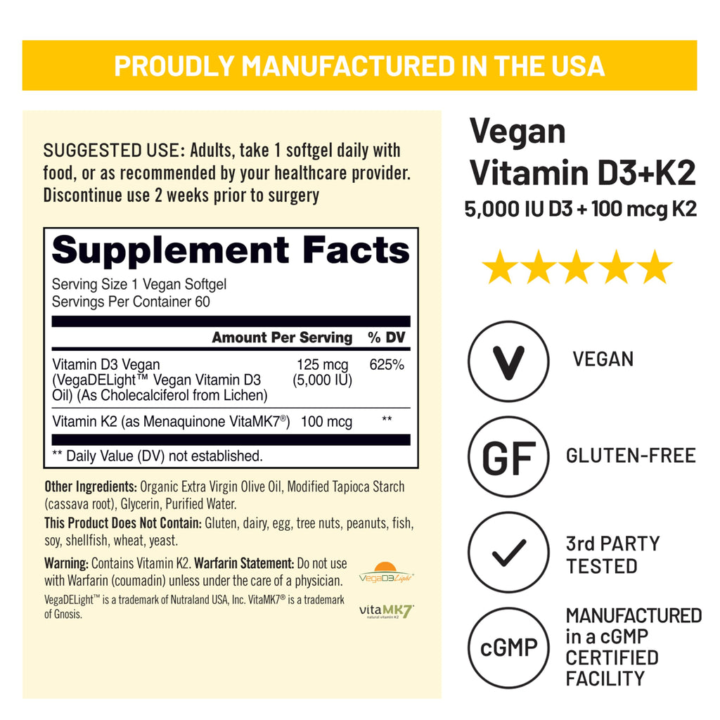 NatureWise Vegan Vitamin D3 + K2 - Natural D3 5000IU + Natural Vitamin K2 100mcg - Bone Support - High Absorption