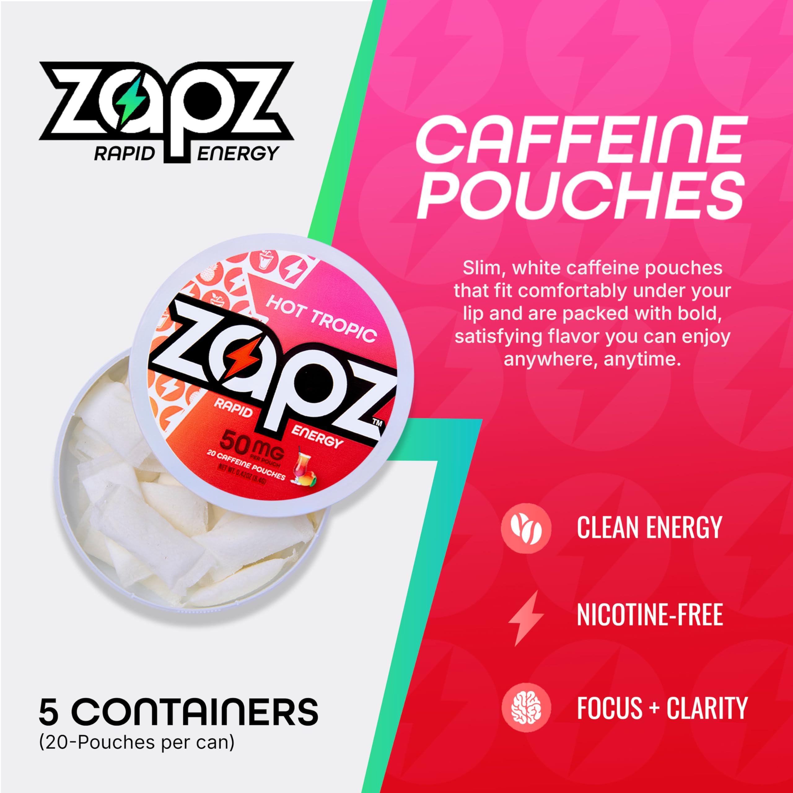 ZAPZ Caffeine Pouches, Hot Tropic, 5 Cans x 20 Count, Energy Pouches with 50mg Caffeine, Nootropic Focus Support, Niacin, L-Theanine, L-Tyrosine, Sugar Free, No Coffee Grinds ZAPZ Au supplements