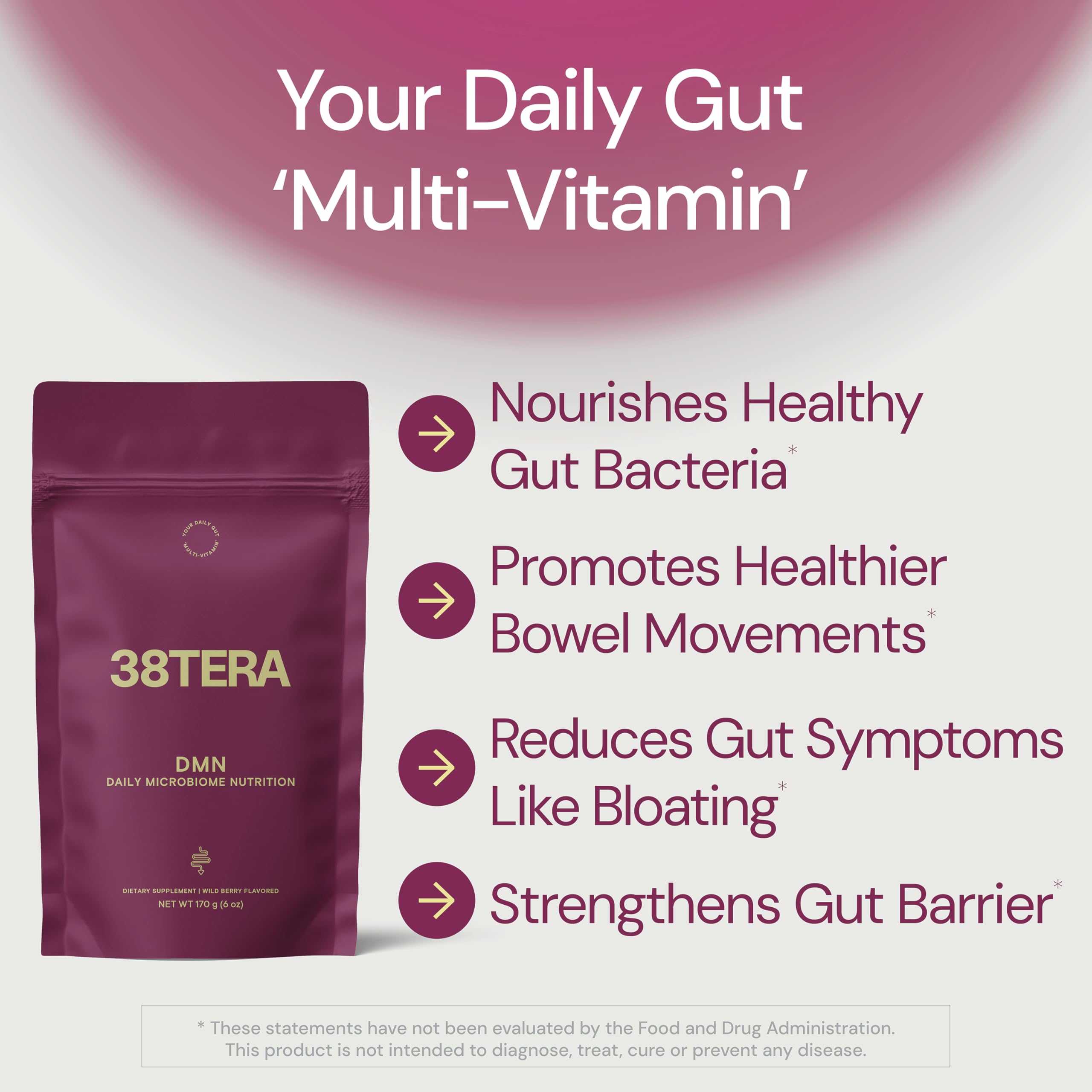 38TERA DMN (Daily Microbiome Nutrition), 6 Oz, Plant-Based Fiber Powder with 3 Different Prebiotics, Helps Digestive & Gut Health, Low FODMAP Supplement, Vegan, Wild Berry Flavor, 30 Servings