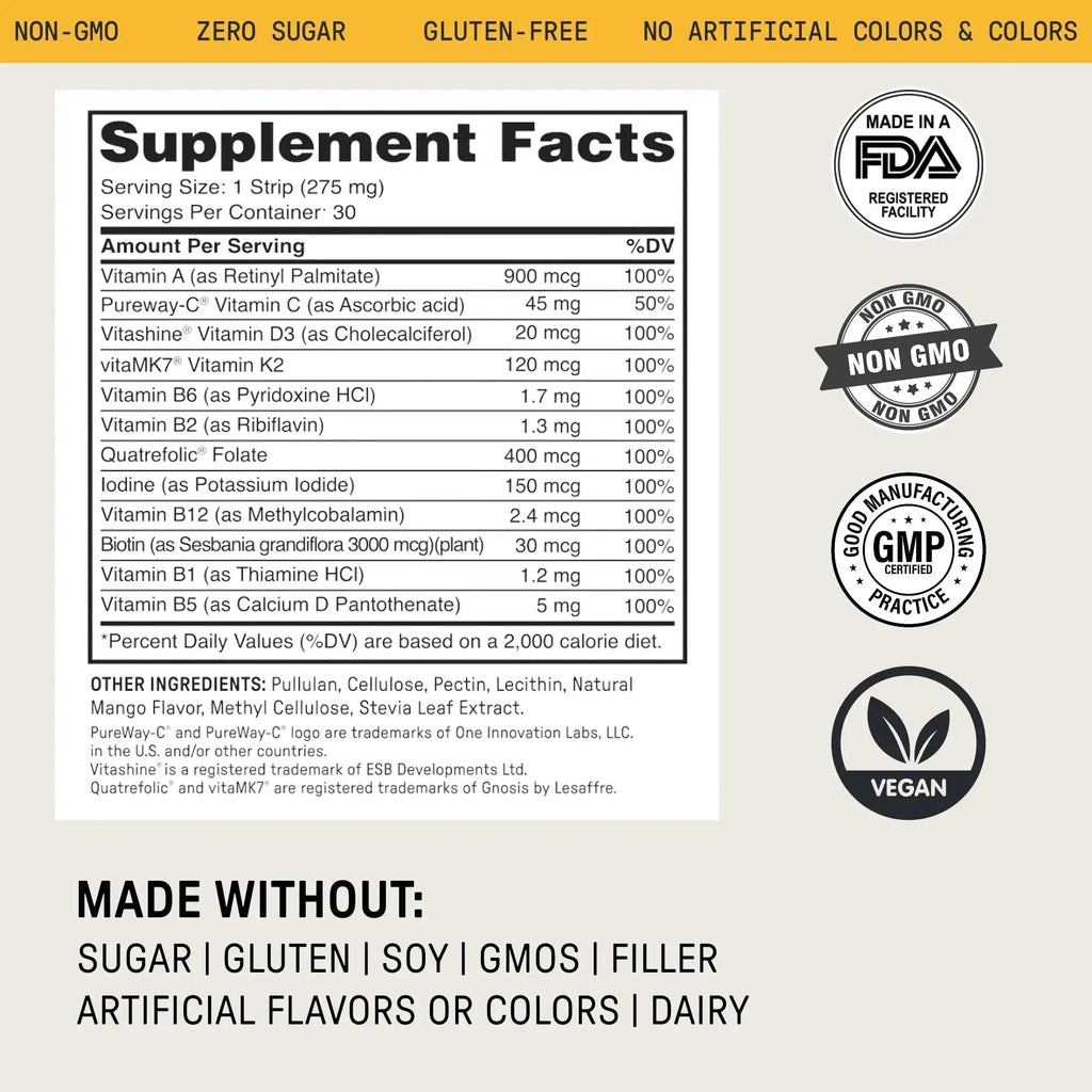 Meche Multivitamin for Women and Men Strip Supplements - Vitamins A, C, D, B6, Methylated B12, Folate, Biotin - Beauty, Energy, Immune Support Meche Au supplements