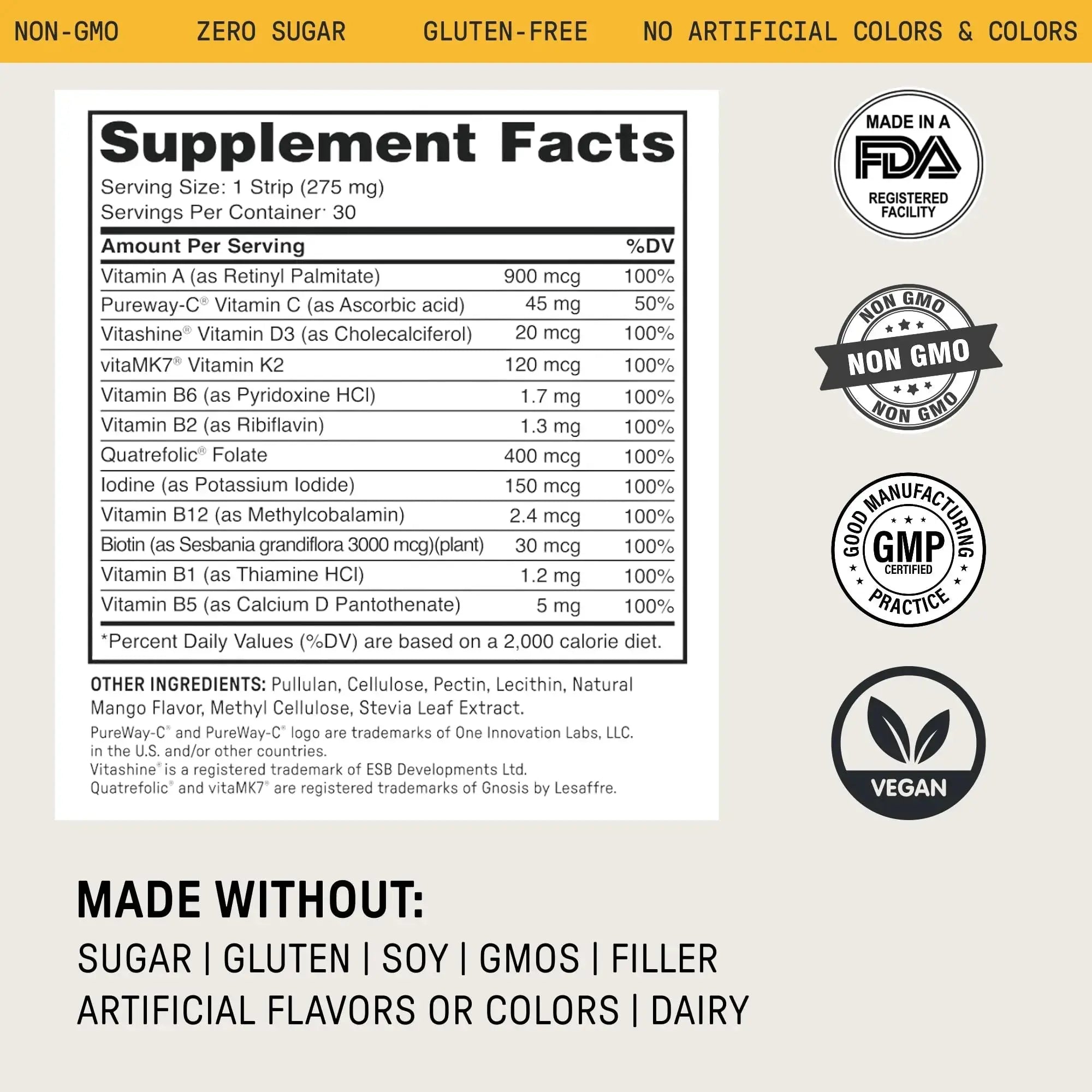 Meche Multivitamin for Women and Men Strip Supplements - Vitamins A, C, D, B6, Methylated B12, Folate, Biotin - Beauty, Energy, Immune Support Meche Au supplements