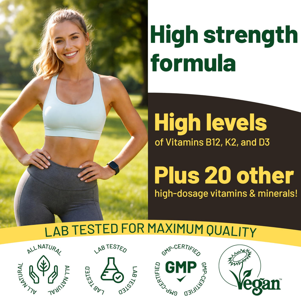 Vegan Vitality Multivitamins & Minerals for Women and Men with High Strength Vitamin B12, D3 & K2. 180 Vegan Multivitamin Tablets - 6 Months Supply