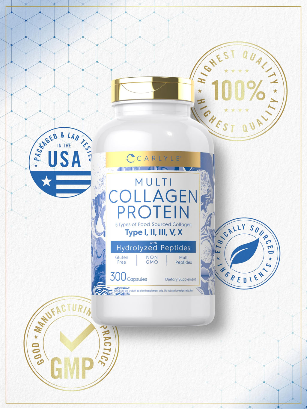 Carlyle Multi Collagen Protein Capsules 2000mg | 300 Count | Type I, II, III, V, X | Collagen Peptide Pills | Keto & Paleo Friendly