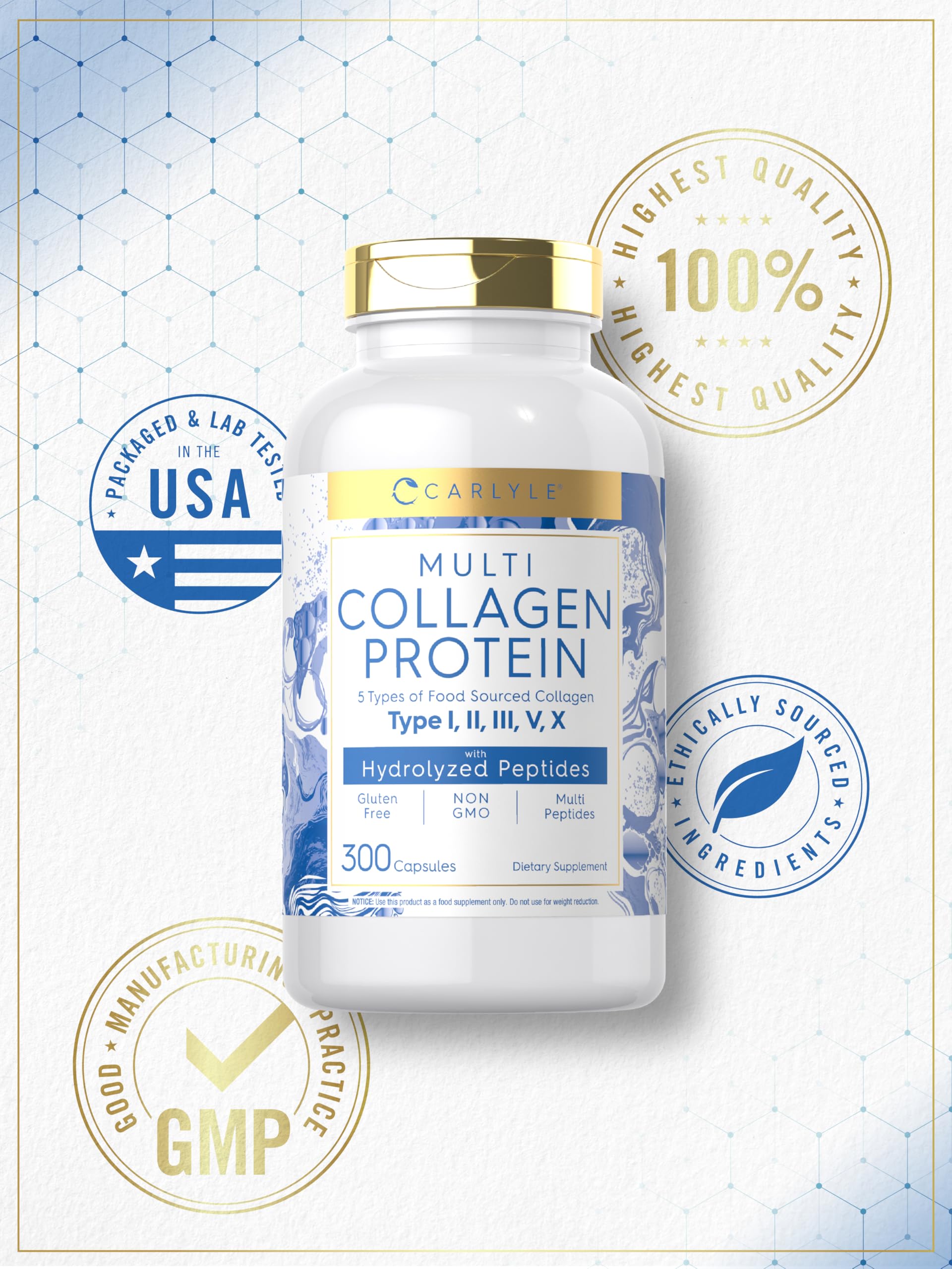 Carlyle Multi Collagen Protein Capsules 2000mg | 300 Count | Type I, II, III, V, X | Collagen Peptide Pills | Keto & Paleo Friendly