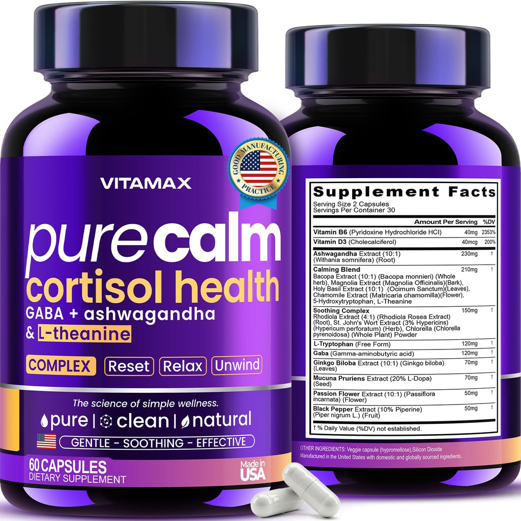 Vitamax Pure Calm Cortisol Supplements for Women - L Theanine, Ashwagandha, GABA for Relaxation, Mood & Stress Support with Ginkgo Biloba, Bacopa Monnieri, 5-HTP – Non-GMO, Made in USA – 60ct Vitamax Au supplements