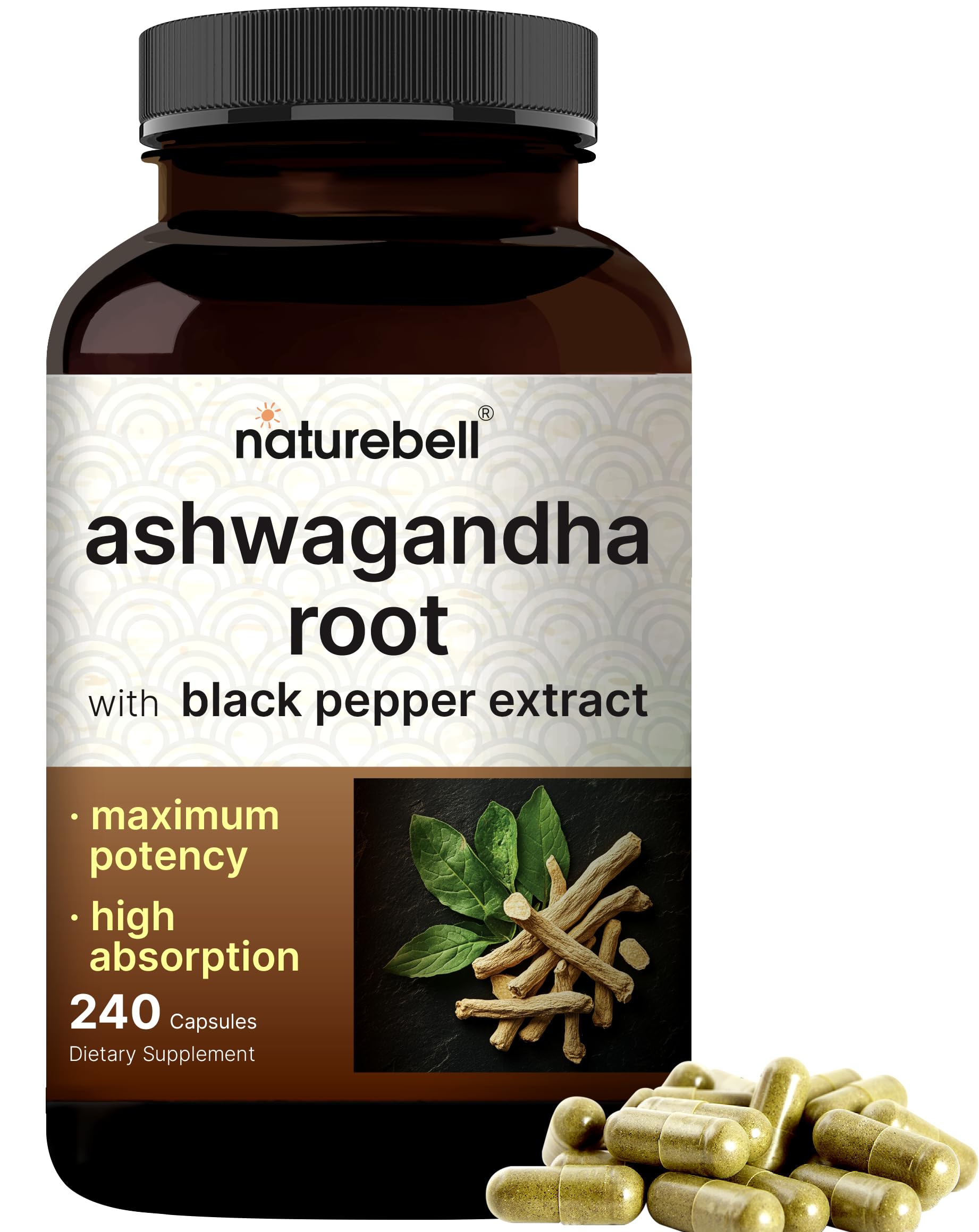 NatureBell Ashwagandha Root with Black Pepper Extract - 240 Capsules - High Strength Adaptogen for Calmness, Relaxation & Immune Support* NatureBell Au supplements
