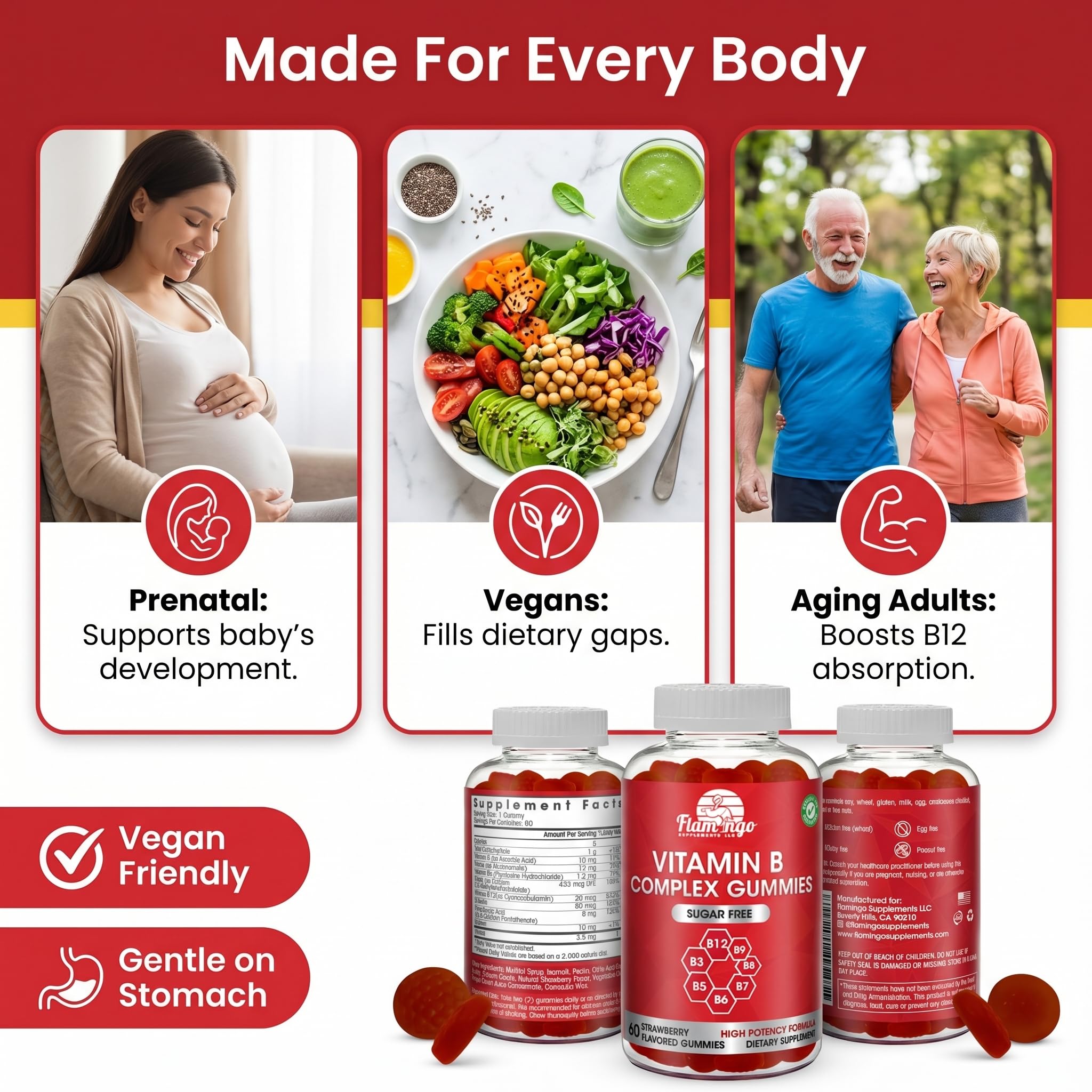 Sugar Free Vitamin B Complex Gummies - Vitamin B12, B7, B6, B3 (Niacin), B5, B8, B9 (Folate)- Third Party Tested- Prenatal, Vegan Diet, Older Adults