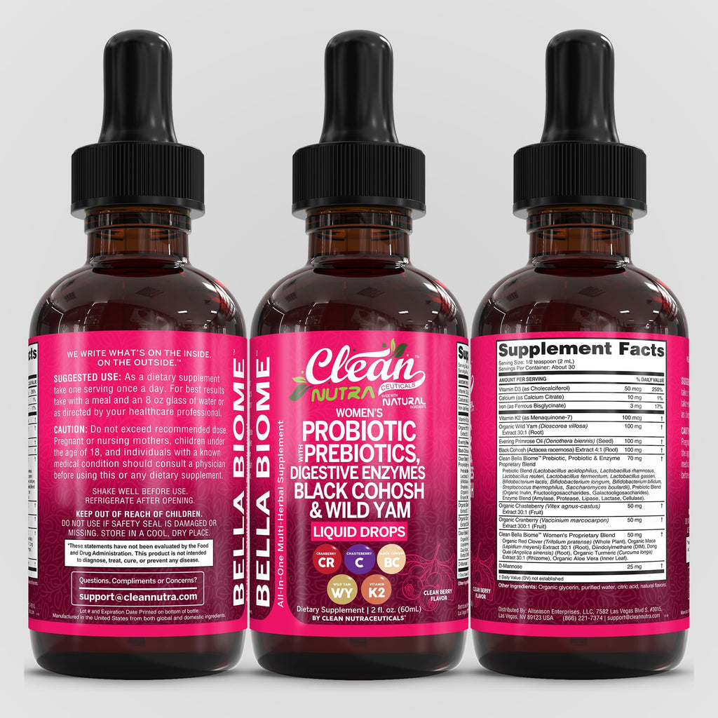 Liquid Probiotics for Women Drops with Chasteberry, Black Cohosh, Prebiotics, Digestive Enzymes, Evening Primrose Oil, Wild Yam, Cranberry Dmannose and Iron Vitamin D3 K2 Clean Nutra Bella Biotics Clean Nutraceuticals Au supplements