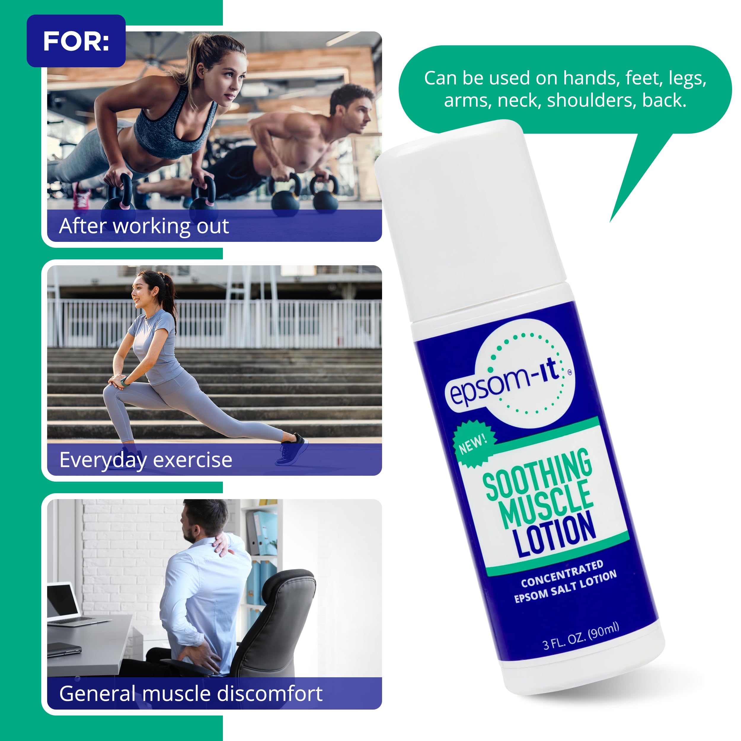 EPSOM-IT Soothing Muscle Lotion - Roll On Epsom Salt Lotion with Arnica for Muscle Stiffness, Leg, Knees and Feet Discomfort, Topical Magnesium Cream, 3oz, 2-Pack EPSOM-IT Au supplements