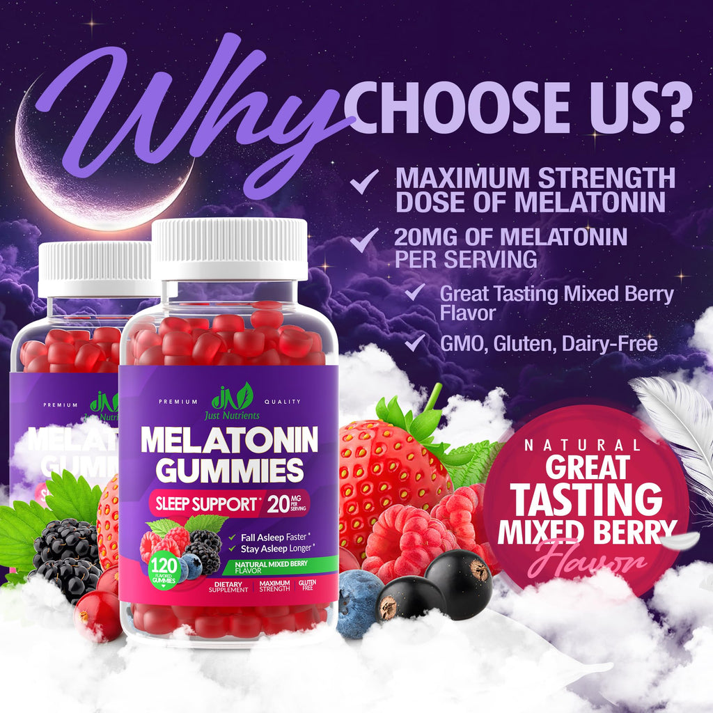 Melatonin 20mg Gummies (120 Count) - Maximum Strength Sleep Support for Adults with 10mg of Melatonin Per Gummy - Gluten-Free, Non-GMO, Vegetarian