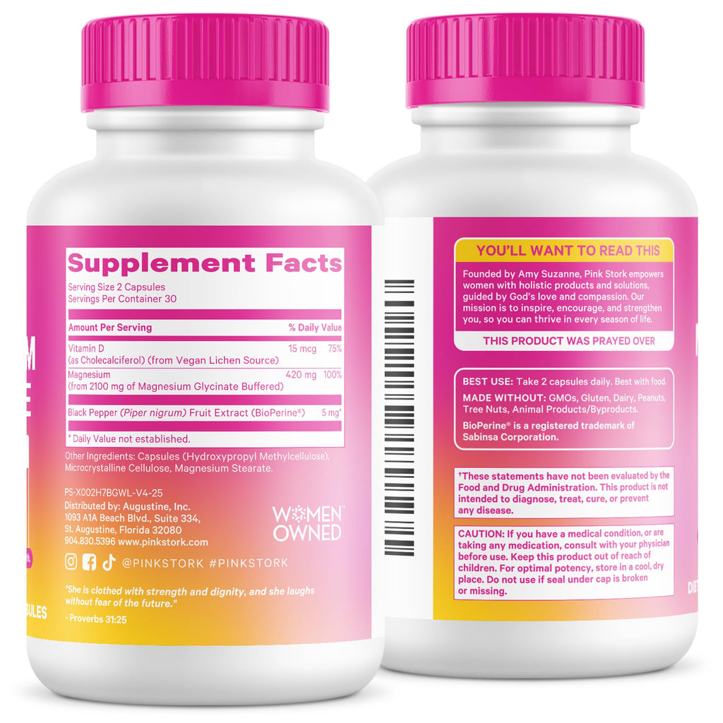 Pink Stork Magnesium Glycinate with Vitamin D - Magnesium Supplement for Women to Support Natural Calm, Mood, and Sleep - Hormone Balance for Women