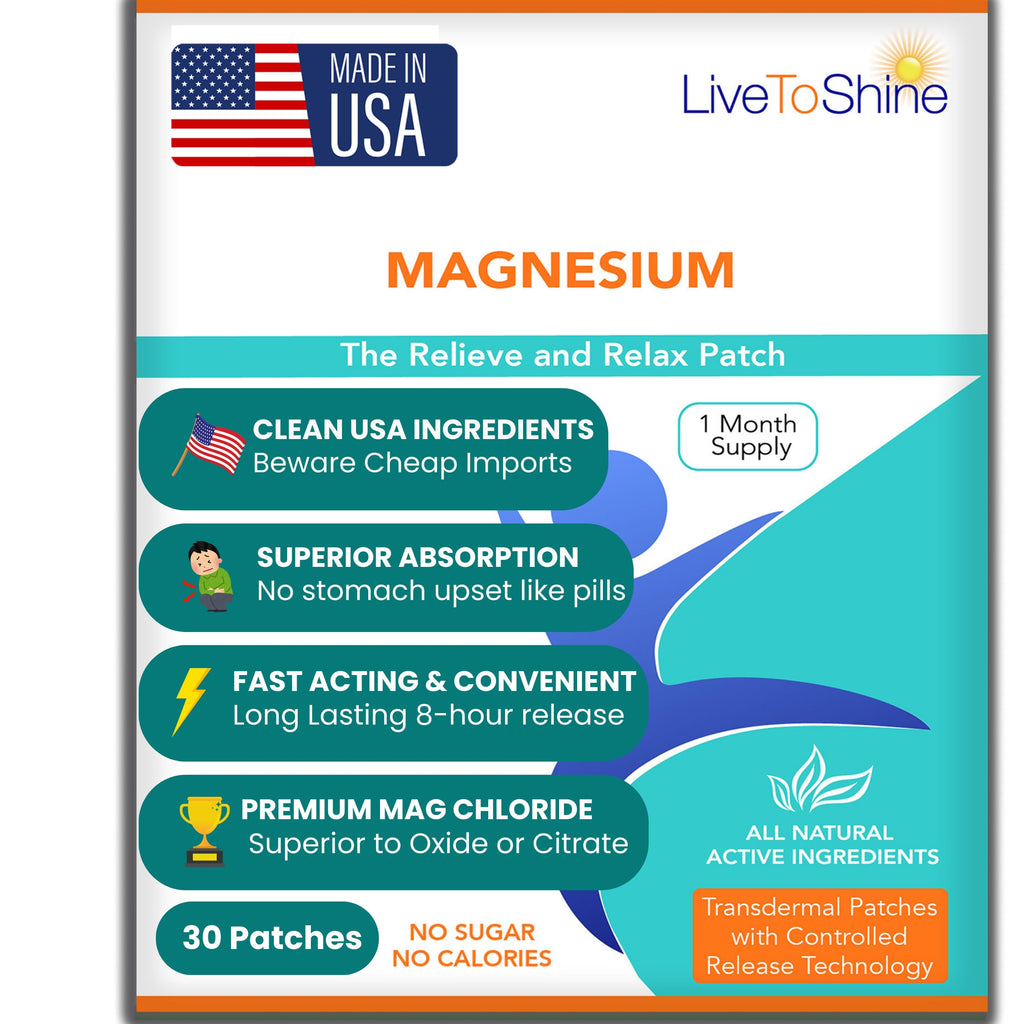 Magnesium Patches for Men and Women - Sleep Support & Relaxation, Muscle Recovery, Nerve Function - USA Made - 30 Premium Fast-Acting, Slow-Release Patches - Live To Shine Live To Shine Au supplements