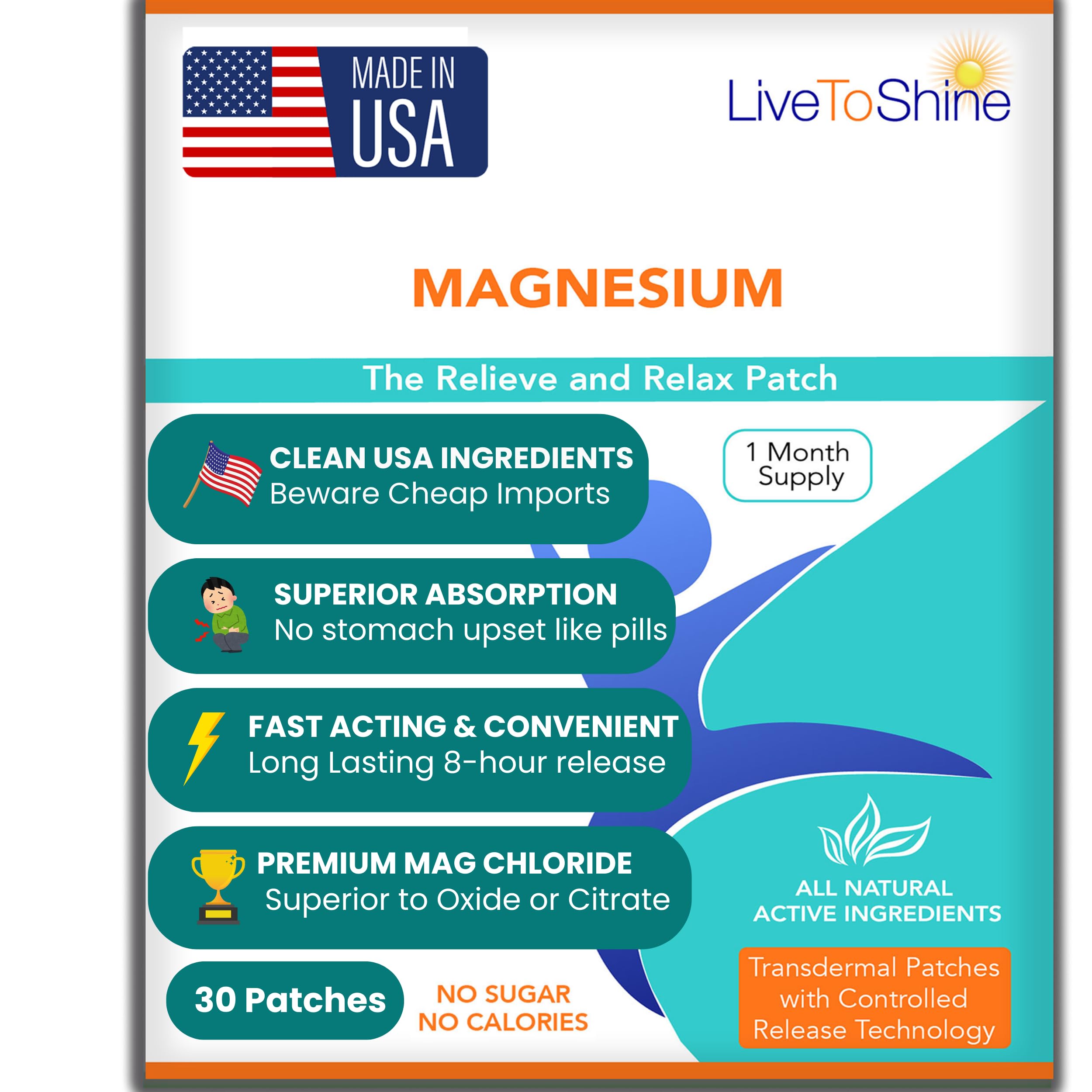 Magnesium Patches for Men and Women - Sleep Support & Relaxation, Muscle Recovery, Nerve Function - USA Made - 30 Premium Fast-Acting, Slow-Release Patches - Live To Shine Live To Shine Au supplements