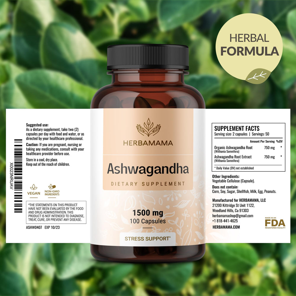 HERBAMAMA Ashwagandha Capsules - 1500mg Pure Ashwagandha Root Focus Supplement - Vegan, Non-GMO Mood & Calm Support Supplement for Adults, 100 Caps HERBAMAMA Au supplements
