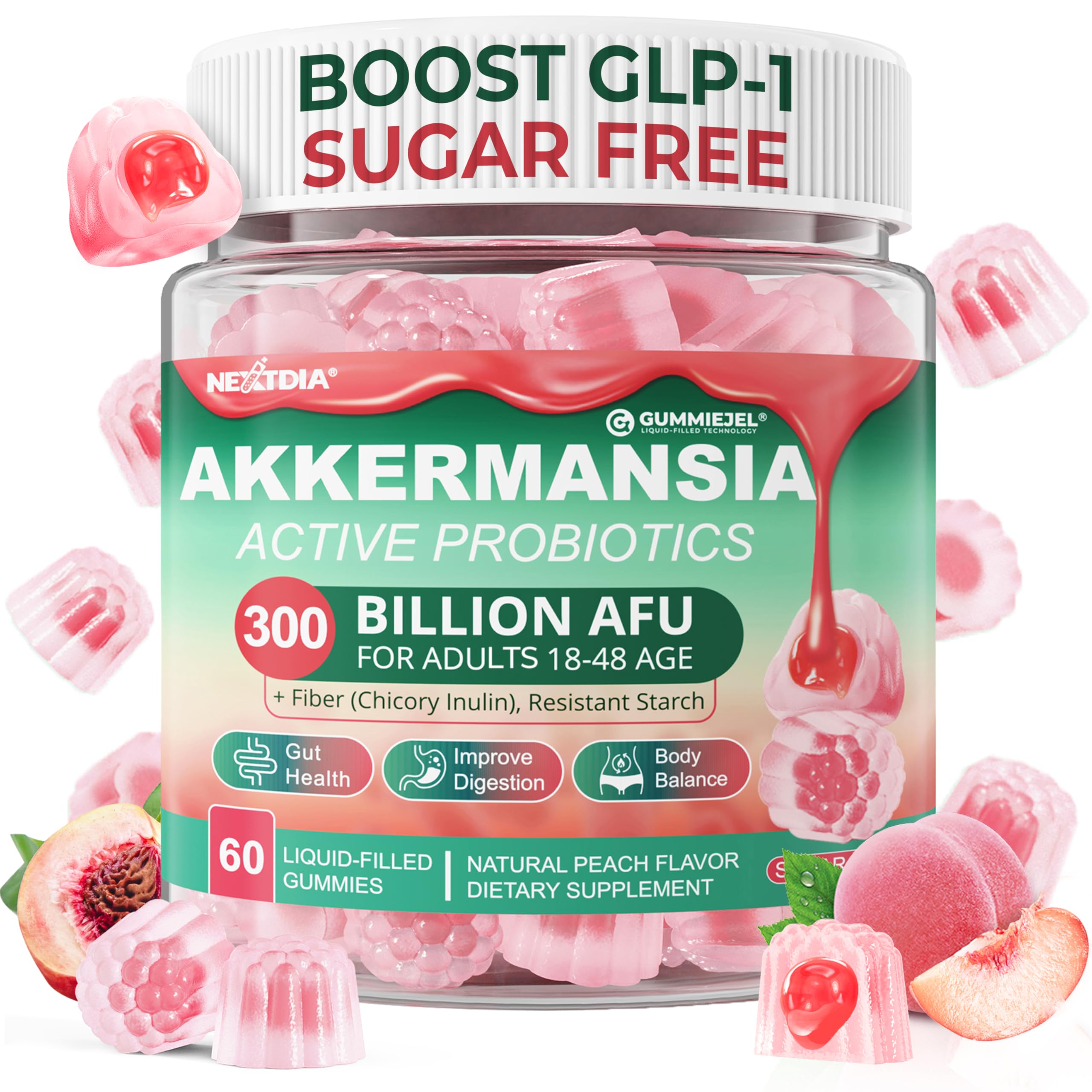 Akkermansia Probiotics Gummies with Prebiotics Fiber, 300 Billion AFU Akkermansia Muciniphila, with Polyphenol Fruits, Resistant Starch