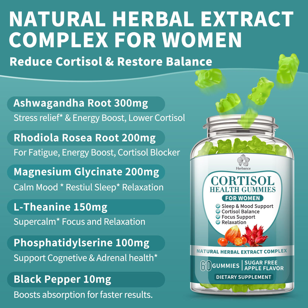 Cortisol Supplements Gummies for Women, Cortisol Reducer w.Ashwagandha Rhodiola Rosea Magnesium L-Theanine Phosphatidylserine Black Peper, Hormone Balanced & Lower Cortisol - 30 Day Vegan Supply Herbance Au supplements