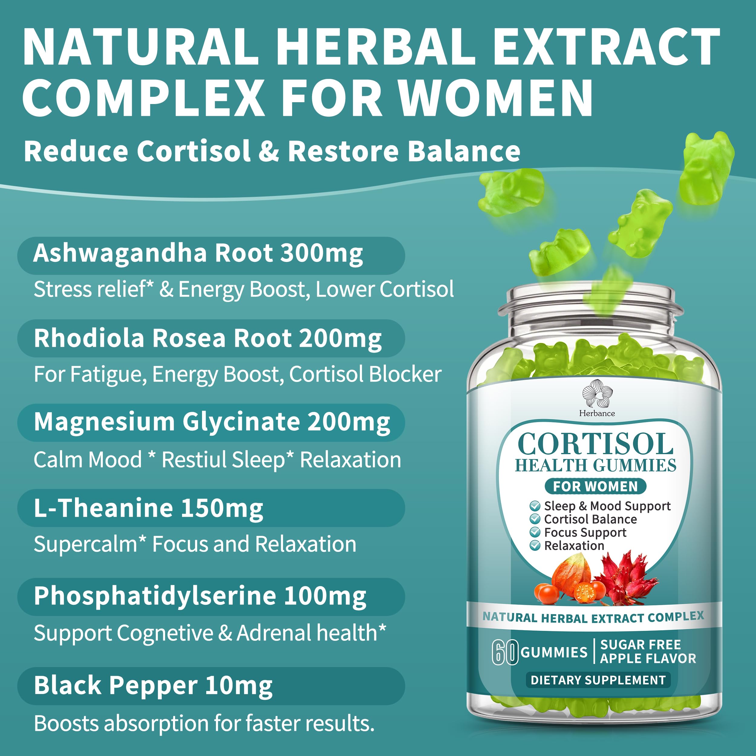 Cortisol Supplements Gummies for Women, Cortisol Reducer w.Ashwagandha Rhodiola Rosea Magnesium L-Theanine Phosphatidylserine Black Peper, Hormone Balanced & Lower Cortisol - 30 Day Vegan Supply Herbance Au supplements