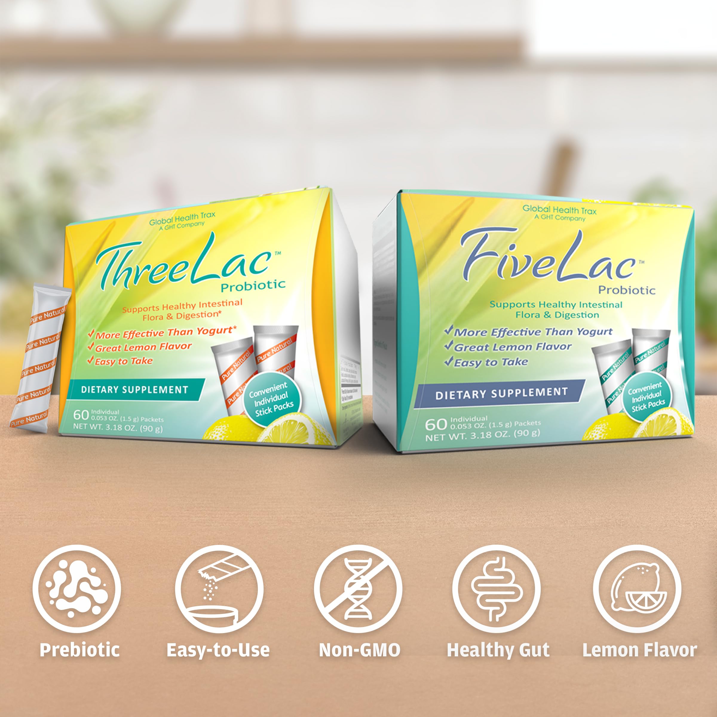 Global Health Trax GHT - FiveLac + Threelac Lemon Probiotic Powder Drink Mix, Probiotics for Women, Men, Kids, Smooth Digestive Support & Elimination, Relieves Constipation & Gas - 60 Packets, Non-GMO ght Global Health Trax Au supplements