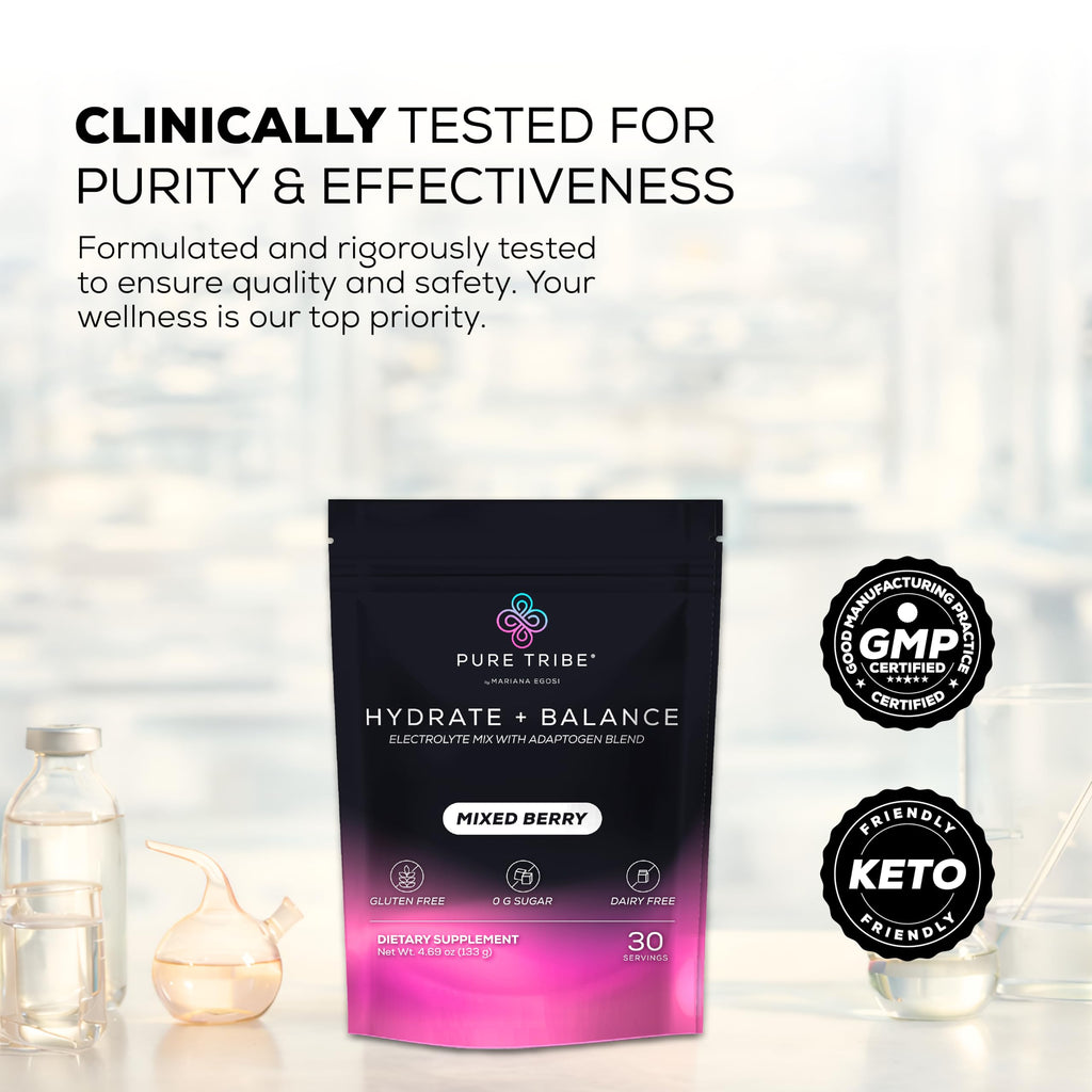 PURE TRIBE Instant Hydration Electrolytes Powder Packets with Magnesium & Salt – Zero Sugar Hydration Packets with 6 B Vitamins & Adaptogens