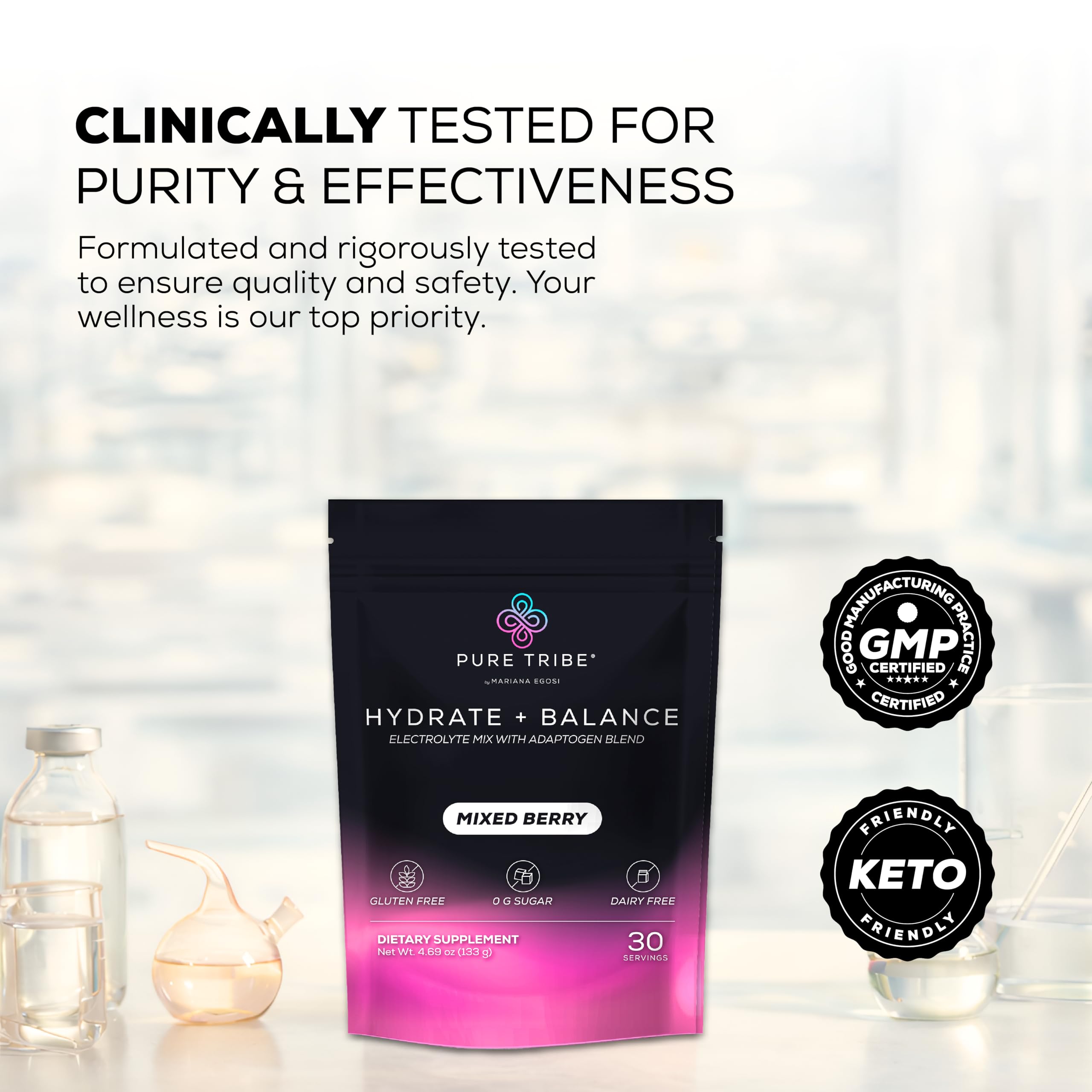 PURE TRIBE Instant Hydration Electrolytes Powder Packets with Magnesium & Salt – Zero Sugar Hydration Packets with 6 B Vitamins & Adaptogens