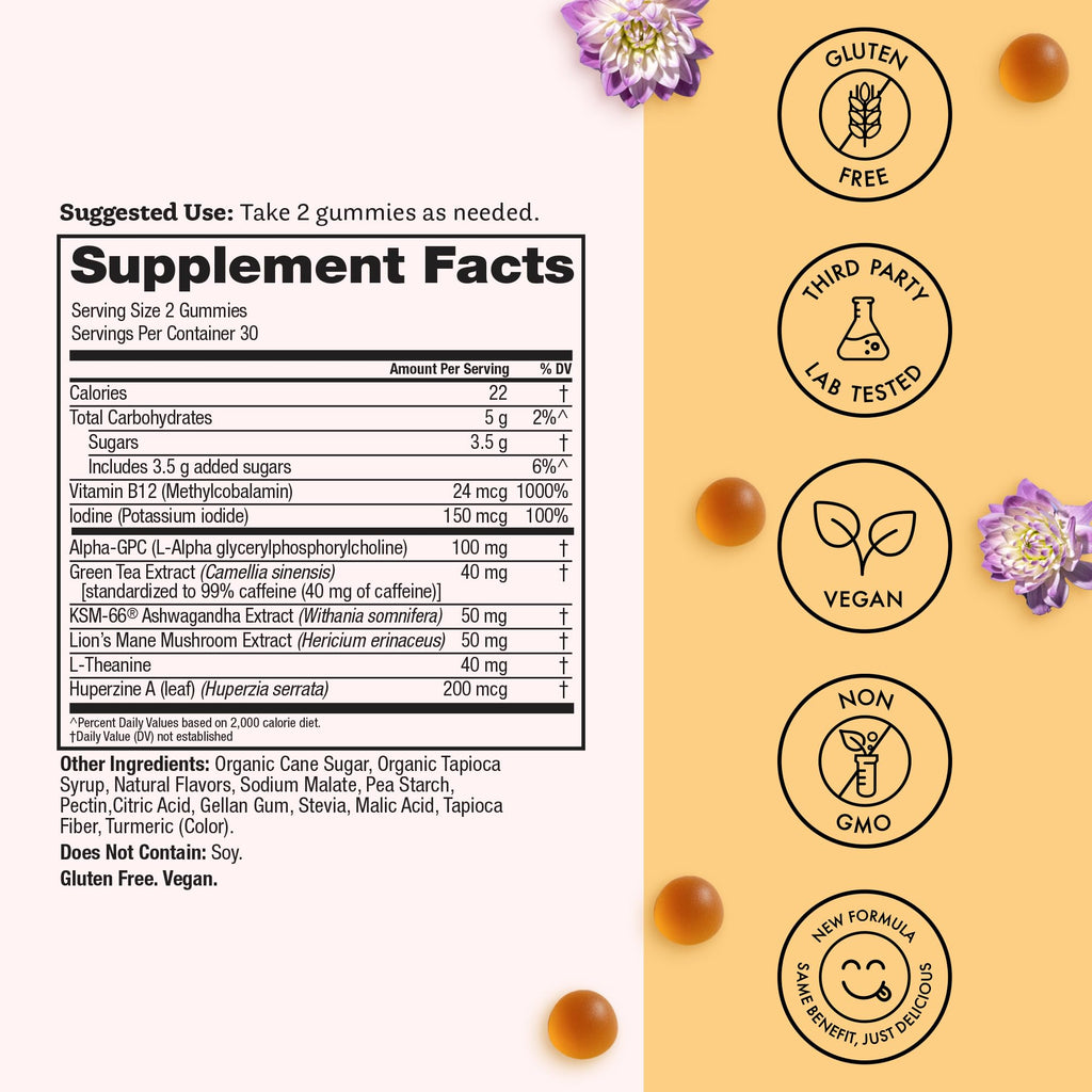 Winged Wellness Rise Up, Energy & Focus Gummies for Women - Daily Brain Boost Gummy Supplement with Natural Caffeine, Ashwagandha, B12, Nootropics Alpha-GPC & Lion’s Mane - Pineapple, 60 Gummies Winged Wellness Au supplements