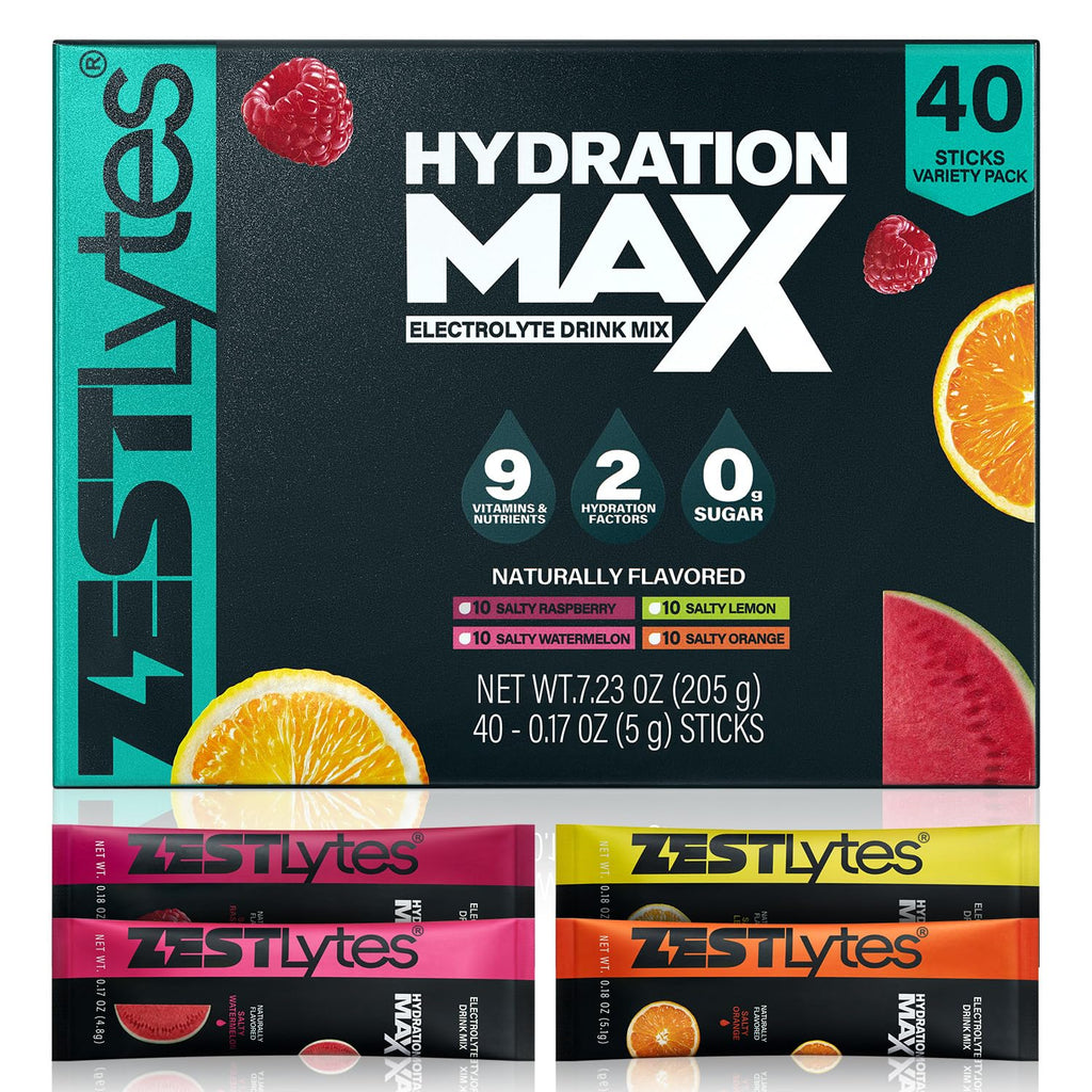 ZestLytes 40 Sticks Sport Hydration Sugar Free Electrolyte Packets, High Sodium Low Calorie Electrolyte Powder Drink Mix, Liquid Daily IV Flavors