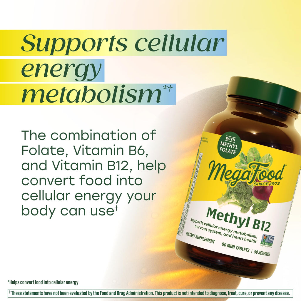 MegaFood Methyl B12 - Vegan - Includes Methyl Folate, Vitamin B12 & B6 - Supports Cellular Energy Production, Nervous System Health