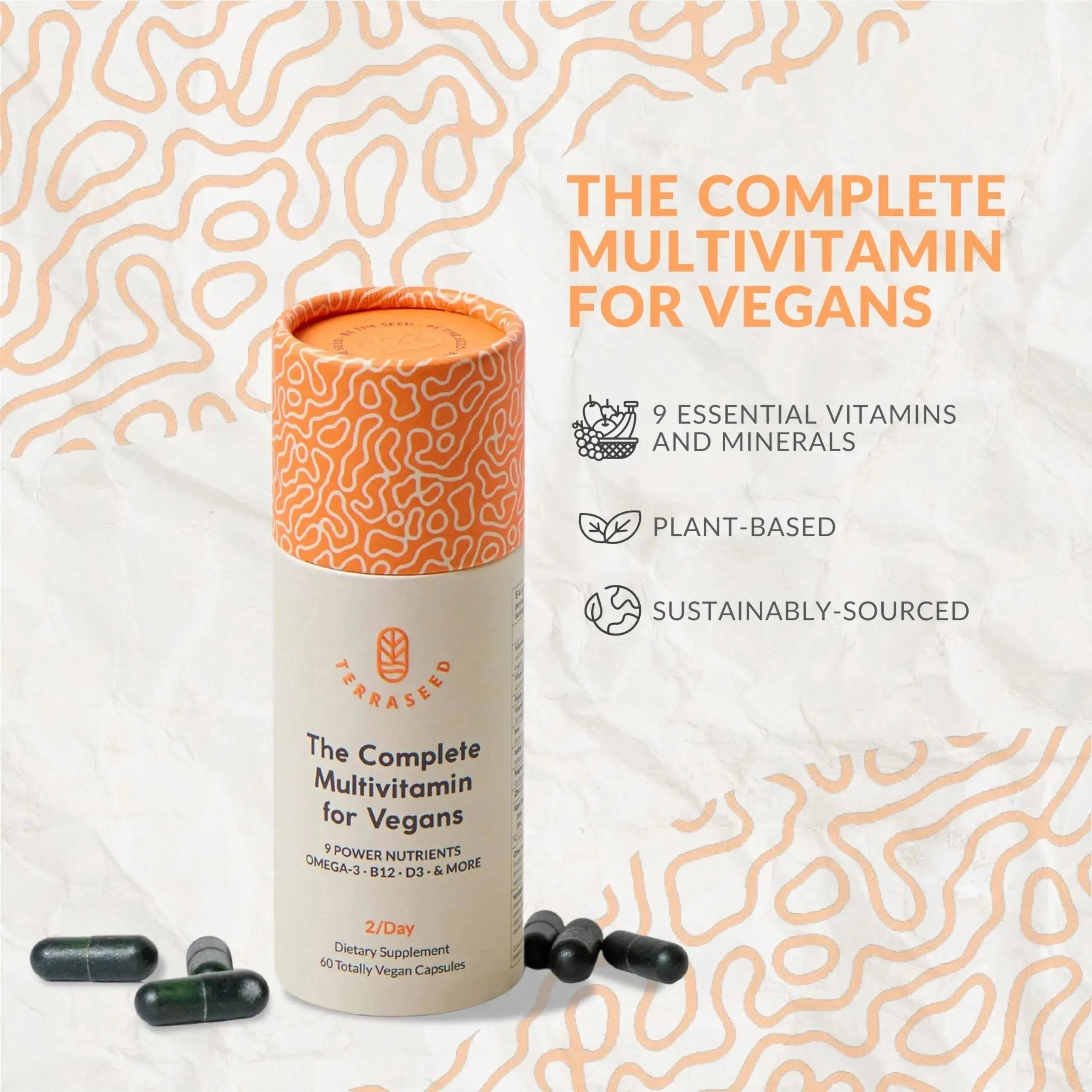 Complete Vegan Multivitamin with Iron, Omega 3, Vitamin D3, Folate, Zinc, Vitamin B12, & More - 100% Sustainable Vegan Vitamins Terraseed Au supplements