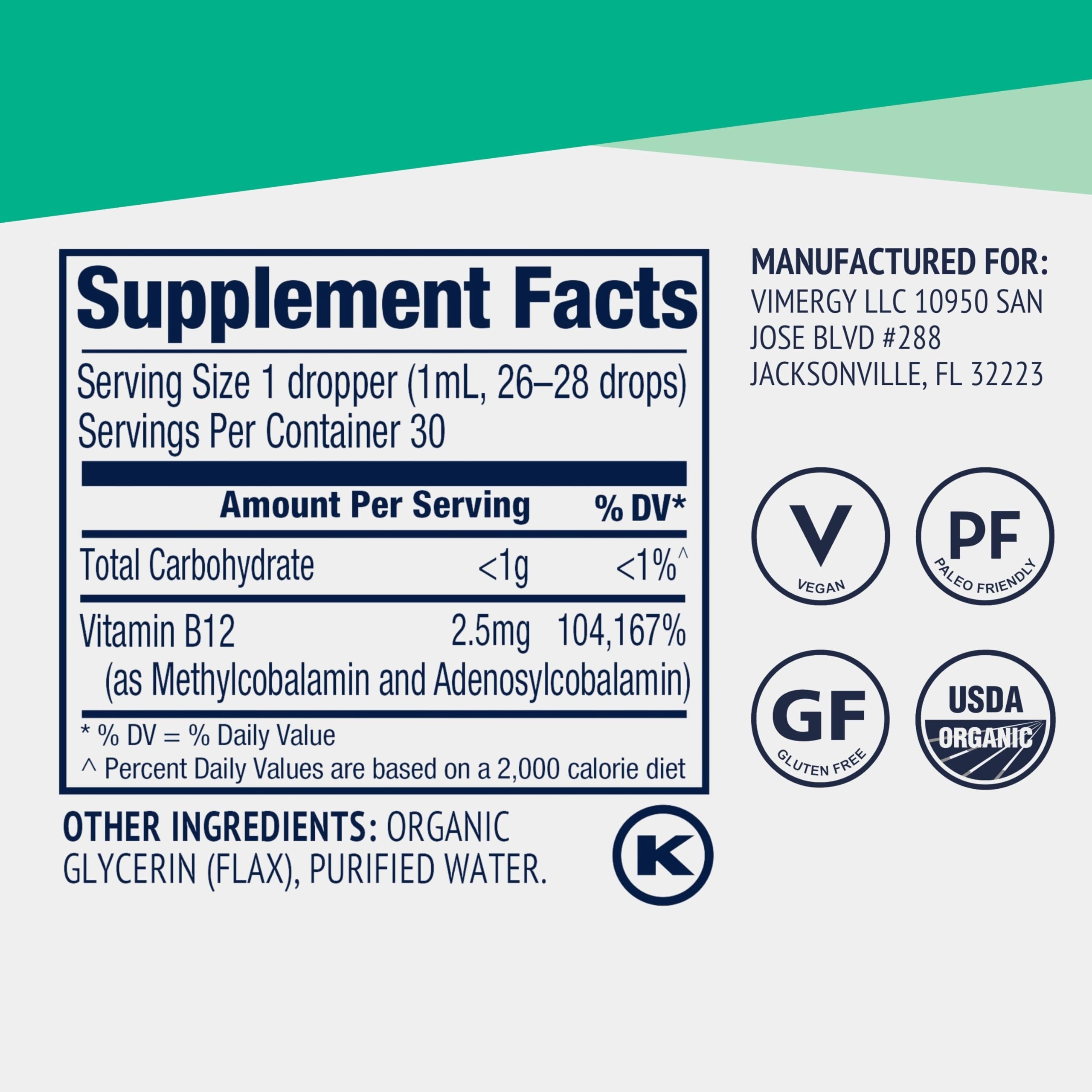 Vimergy USDA Organic Liquid Vitamin B12 Supplement 2500 mcg, Methylcobalamin & Adenosylcobalamin Fast-Absorbing Energy Support, Vegan, Non-GMO B12 Vitamins