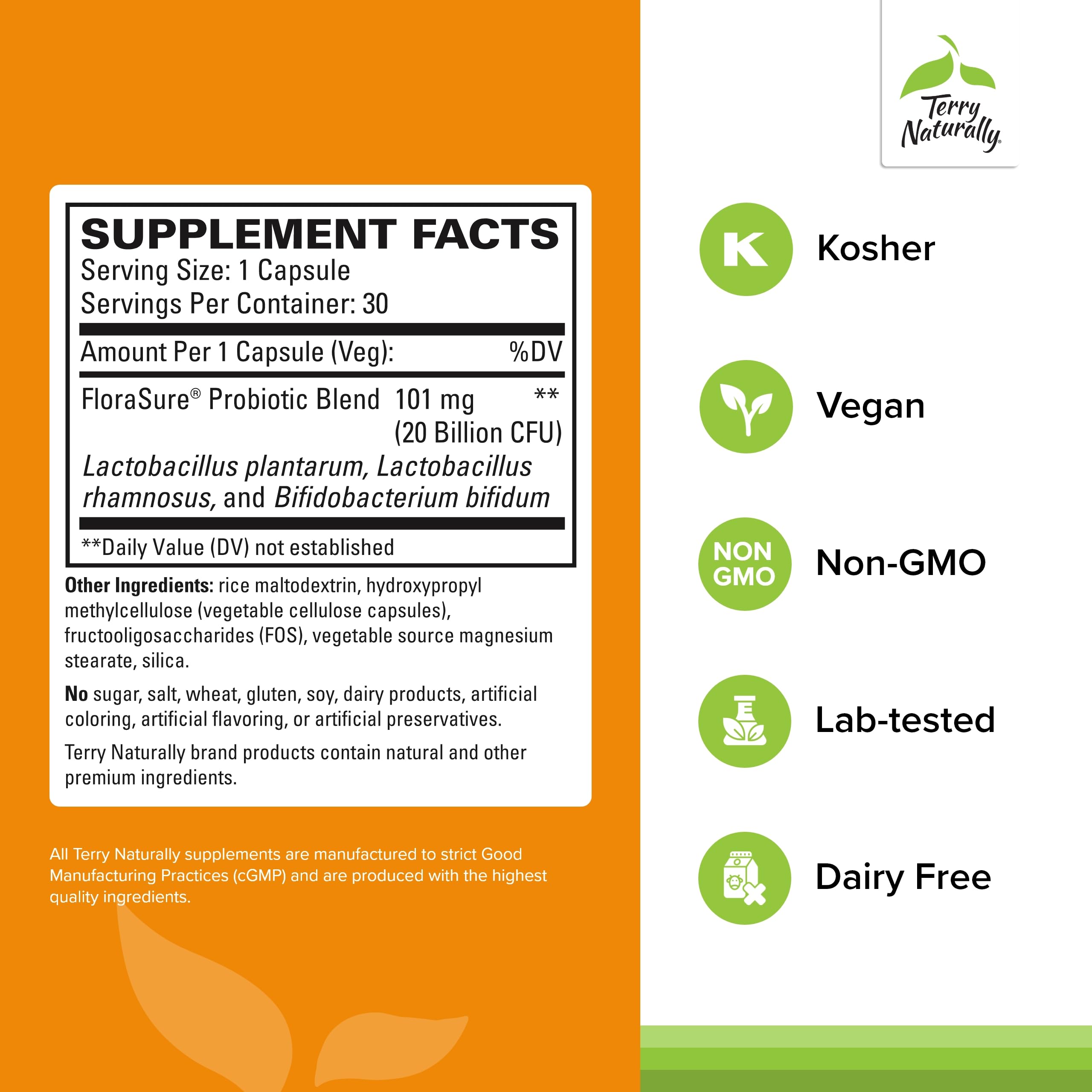 Terry Naturally FloraSure Probiotic - Digestion Supplement to Aid Against Occasional Bloating & Support Gas Relief - Gut Health Support with Bifidobacterium Bifidum - 30 Capsules (Pack of 2) Terry Naturally Au supplements