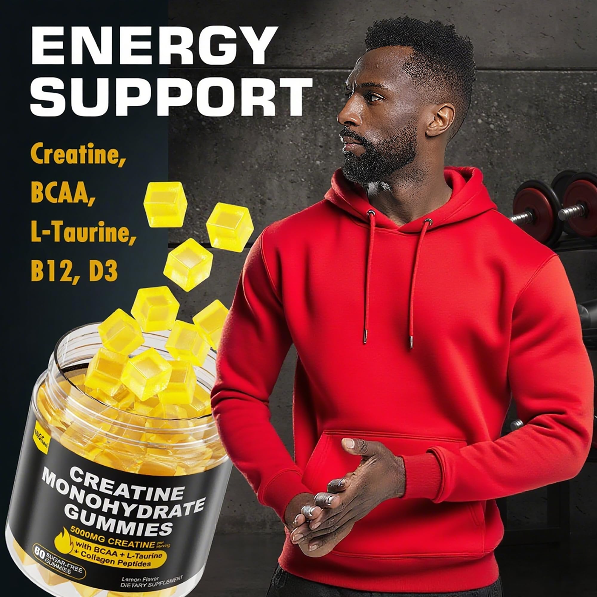 Creatine Monohydrate Gummies for Men & Women - with BCAA, Collagen Peptides, L-Taurine, Vitamin B12, D3, Chewables Creatine Monohydrate 5g Per Serving, Natural Lemon Flavor, Sugar Free, 2 Pack EnvyCure Au supplements