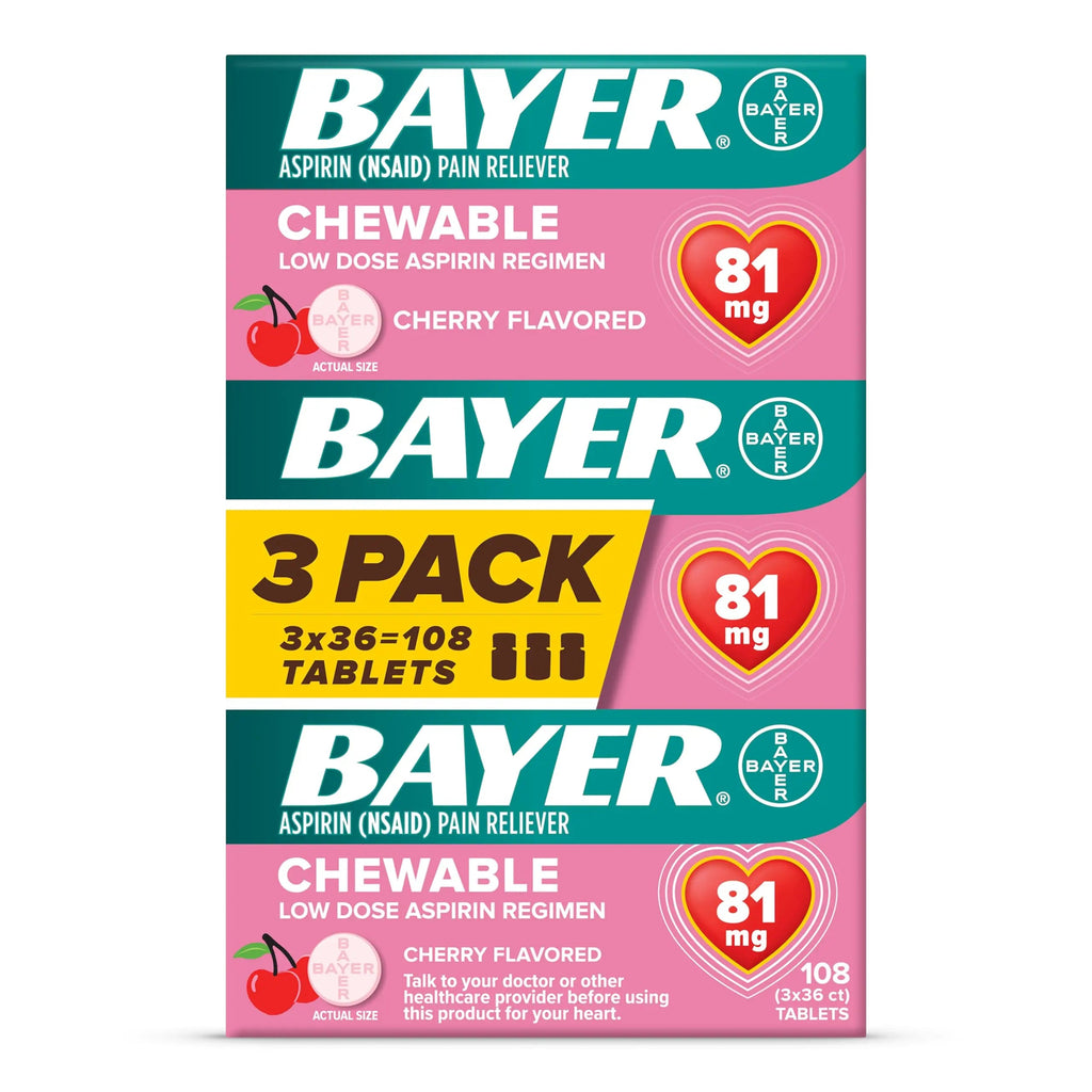 Bayer Aspirin Low Dose 81 mg Chewable Tablets, Pain Reliever, Cherry Flavored, 108 Tablets (36 Pack of 3) Bayer Au supplements